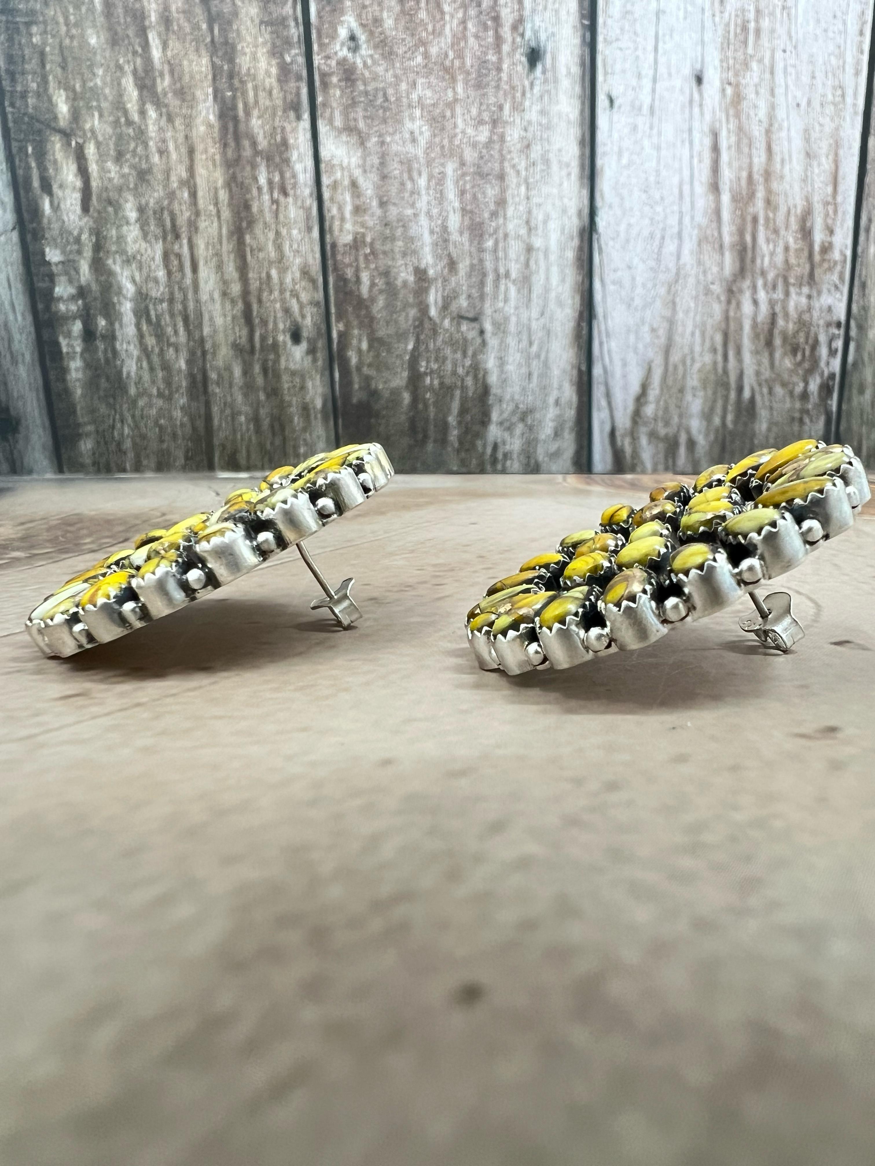 Handmade Sterling Silver Honey Dahlia Post Earrings with Signed Nizhoni