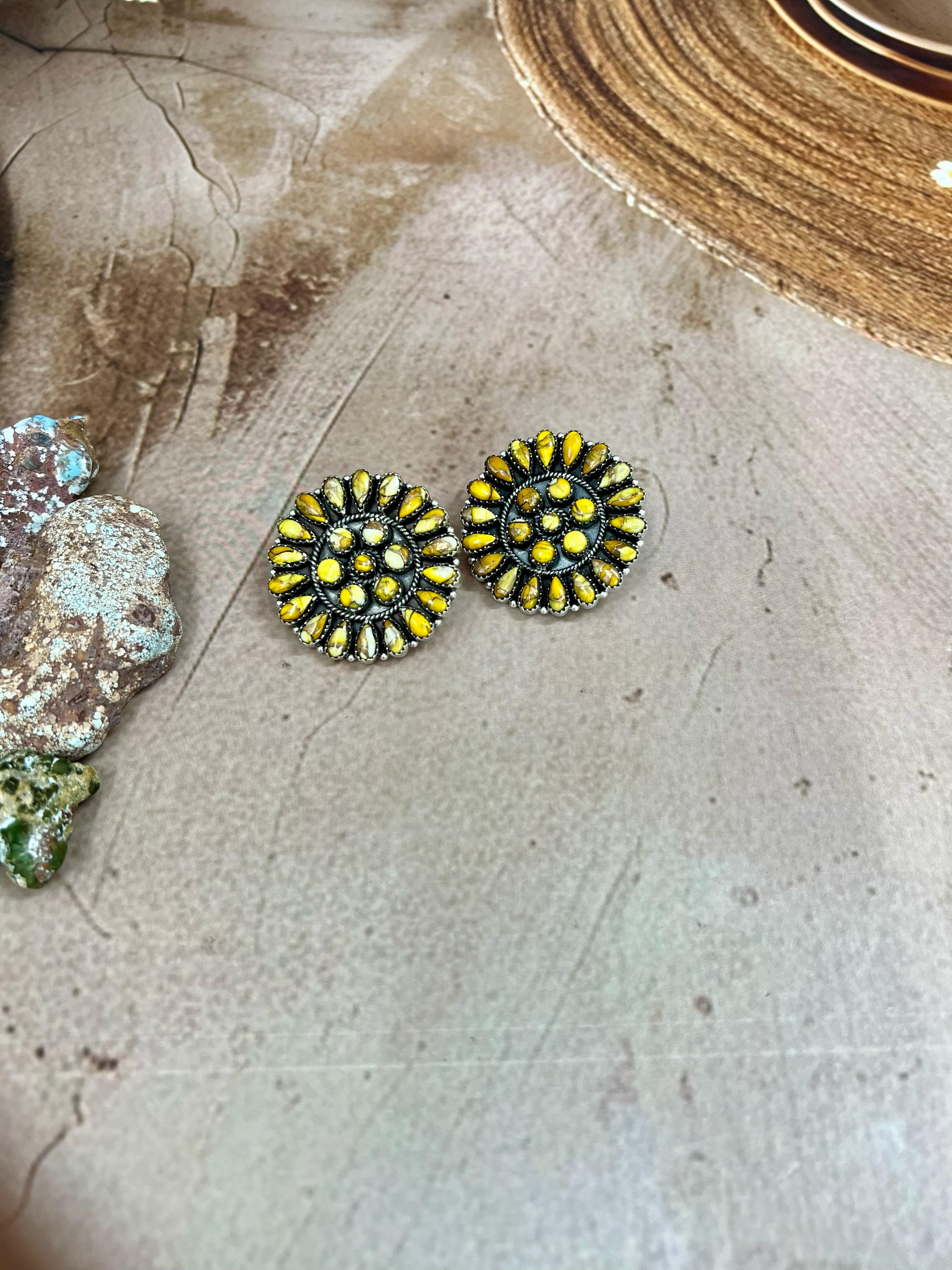 Handmade Sterling Silver Honey Dahlia Post Earrings with Signed Nizhoni