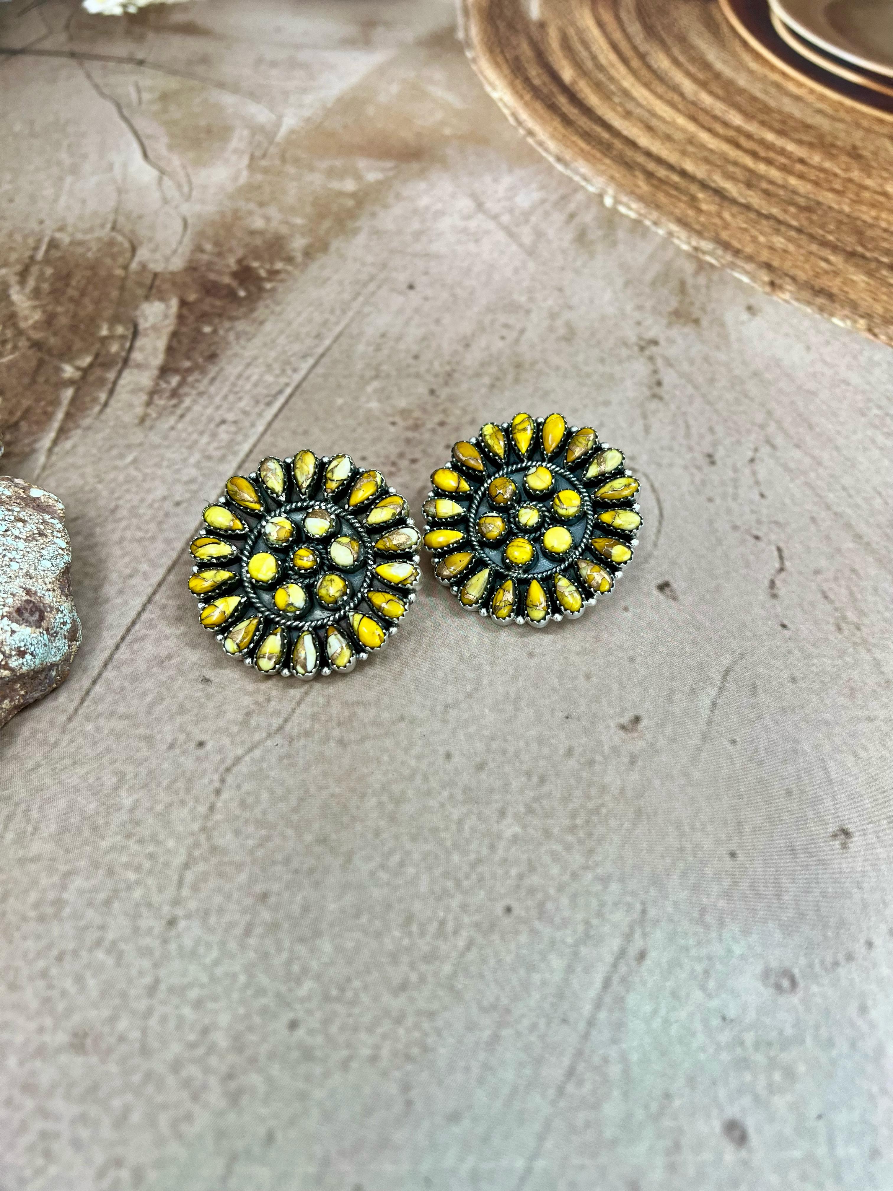 Handmade Sterling Silver Honey Dahlia Post Earrings with Signed Nizhoni