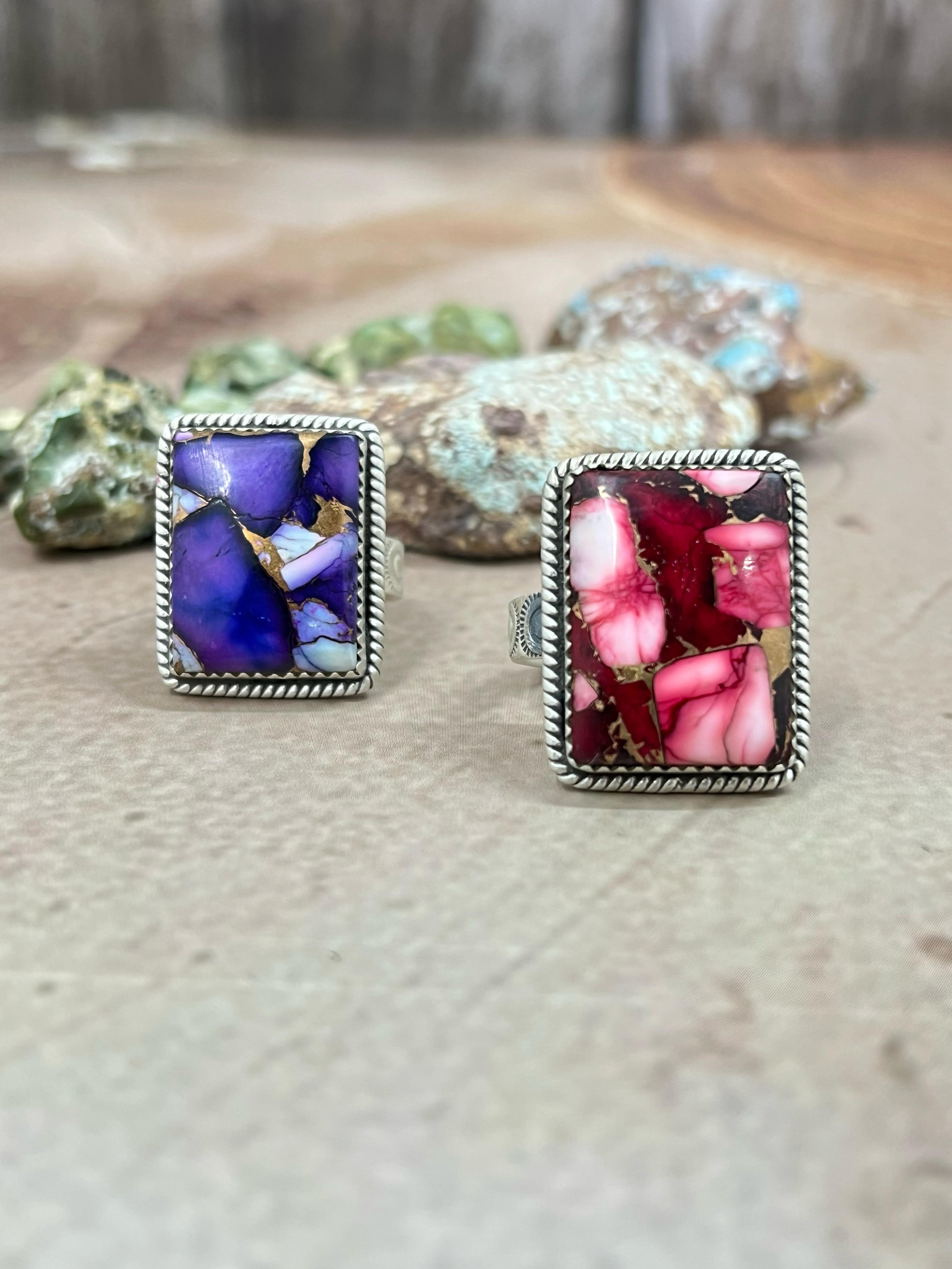 Handmade Sterling Silver Dahlia Rose, Purple Dahlia Adjustable Ring with Signed Nizhoni