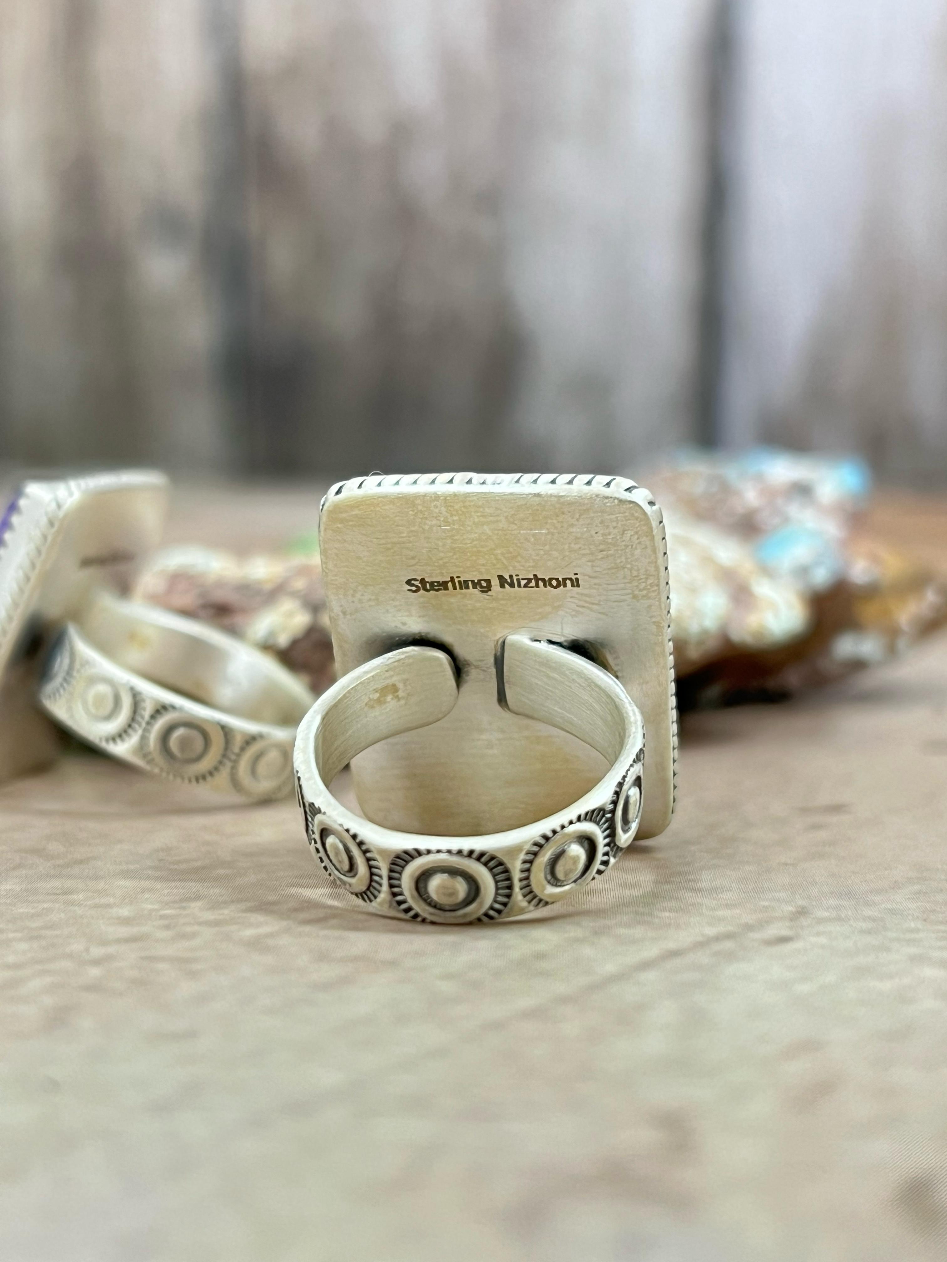 Handmade Sterling Silver Dahlia Rose, Purple Dahlia Adjustable Ring with Signed Nizhoni