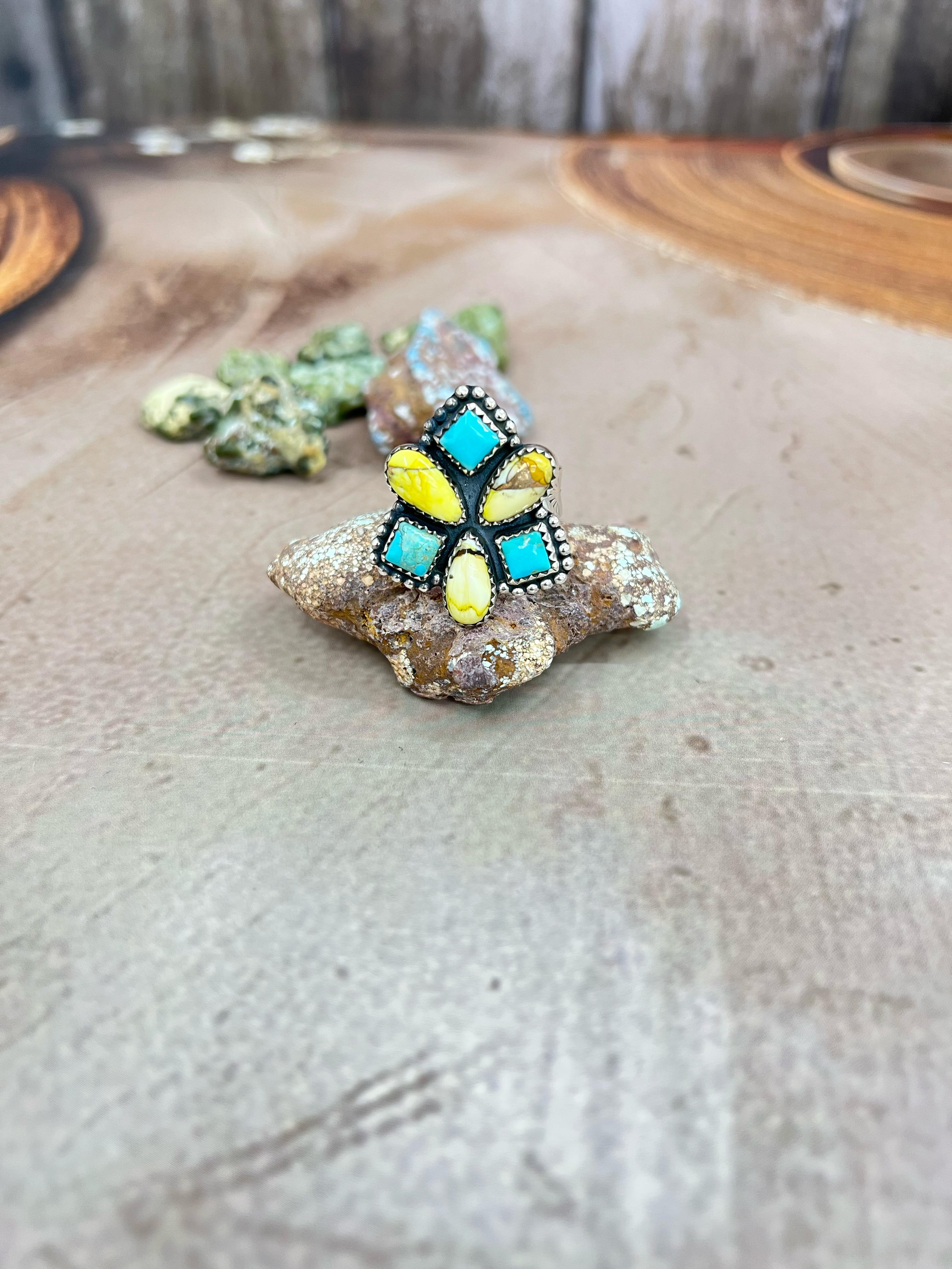 Handmade Sterling Silver Honey Dahlia with Kingman Turquoise Adjustable Ring, Signed Nizhoni