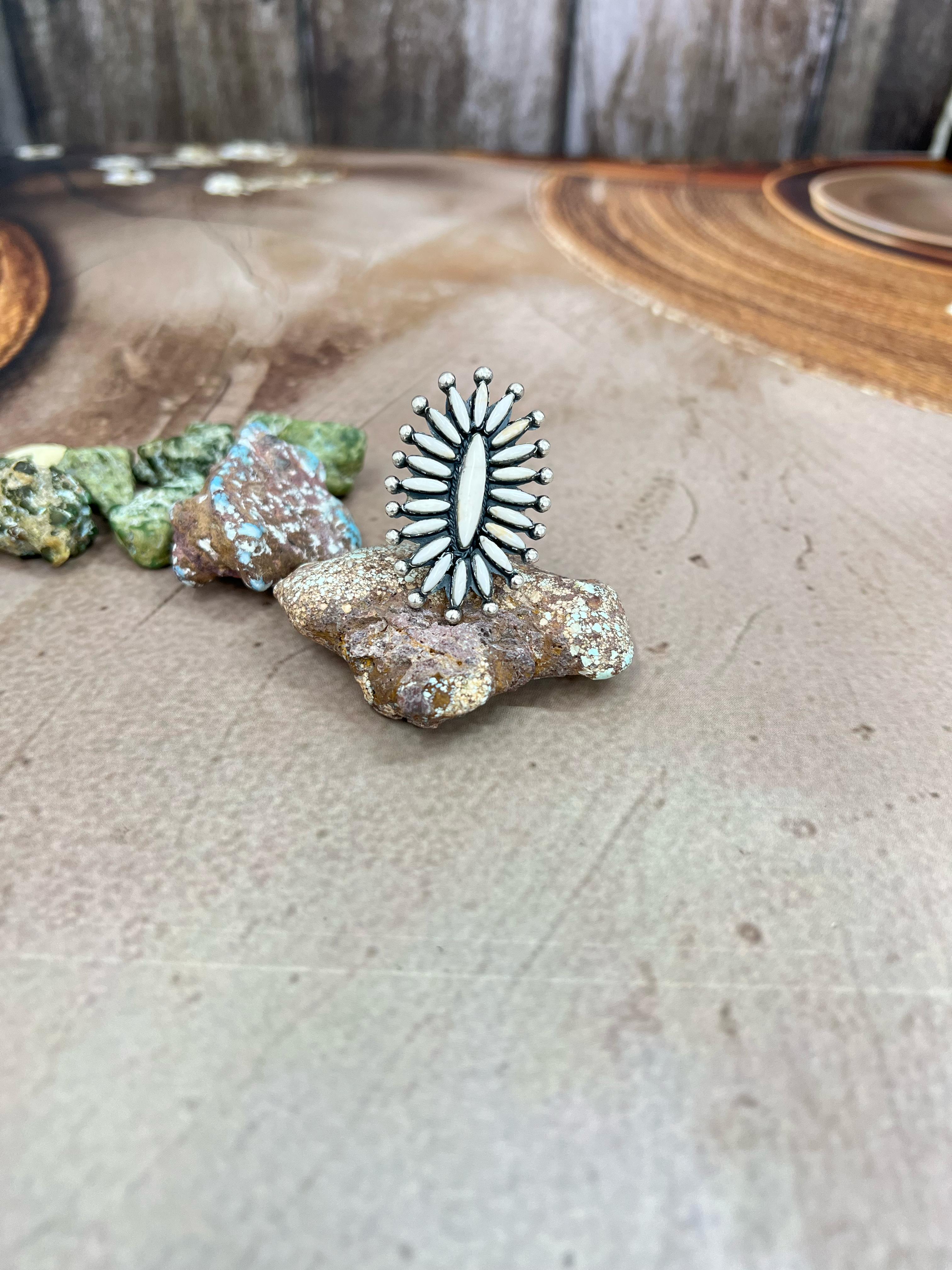 Handmade Sterling Silver White Buffalo Turquoise Adjustable Ring, Signed Nizhoni