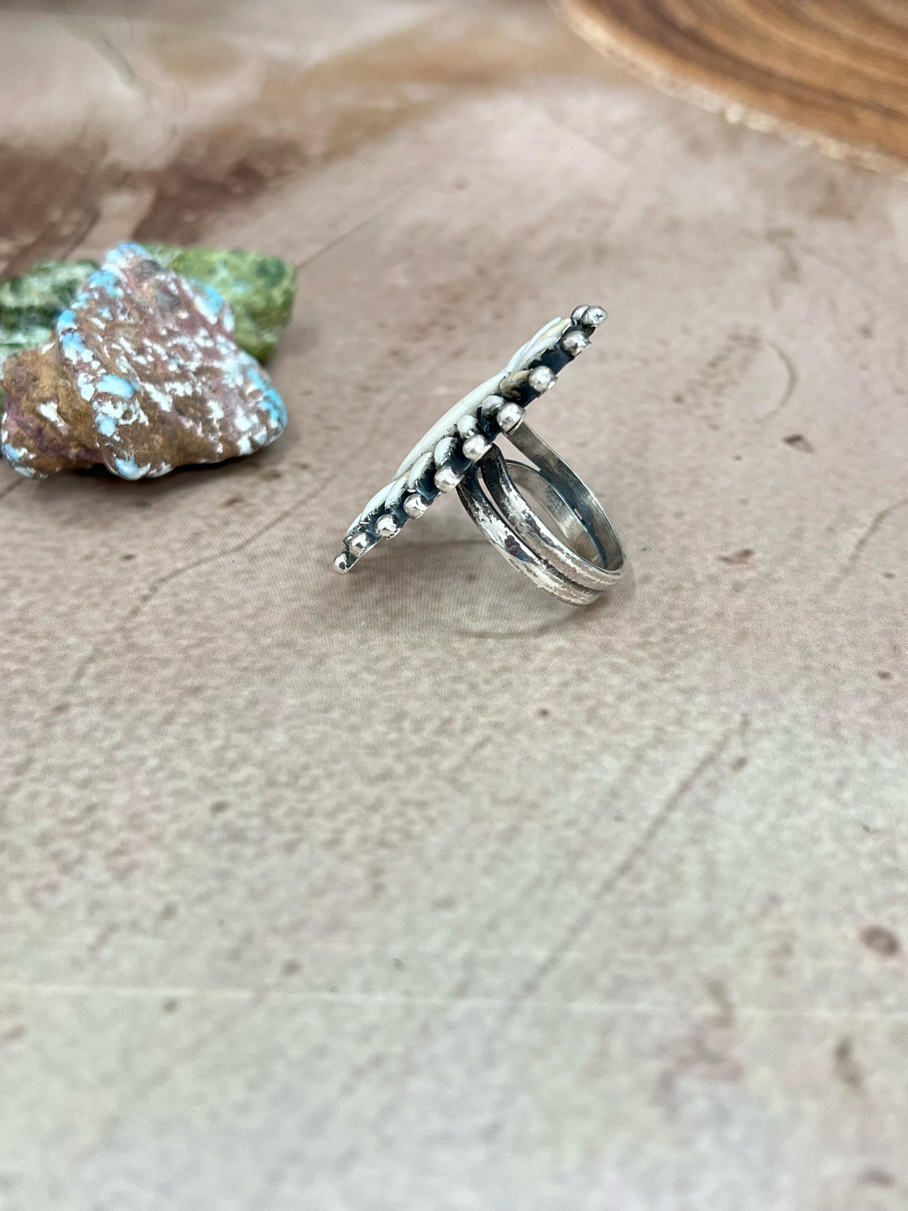 Handmade Sterling Silver White Buffalo Turquoise Adjustable Ring, Signed Nizhoni