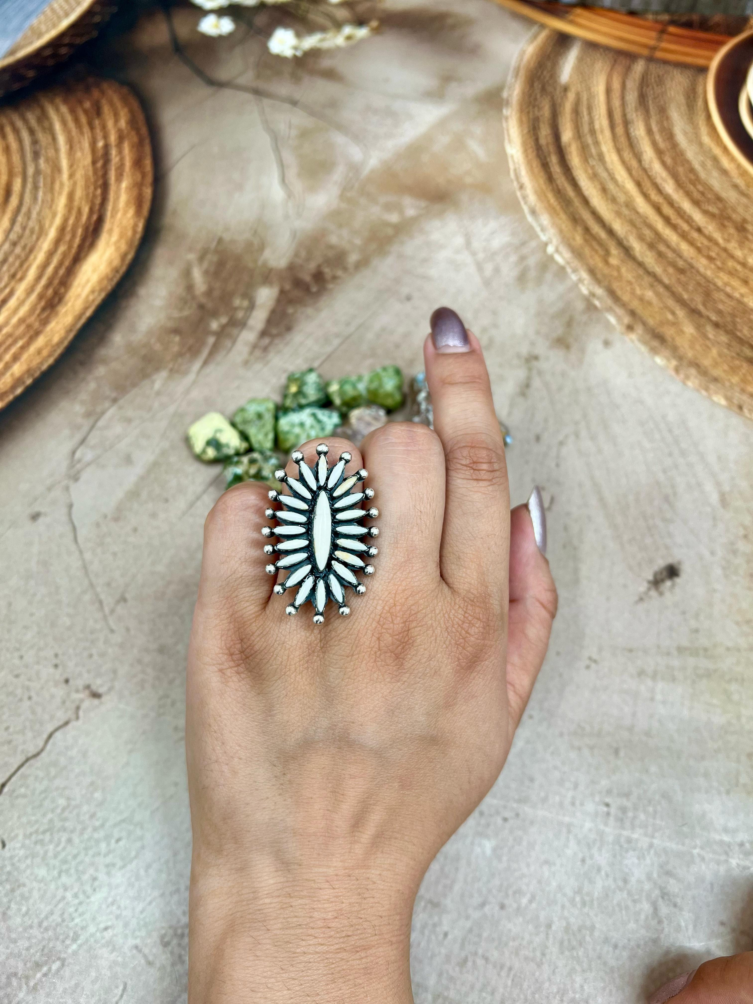 Handmade Sterling Silver White Buffalo Turquoise Adjustable Ring, Signed Nizhoni