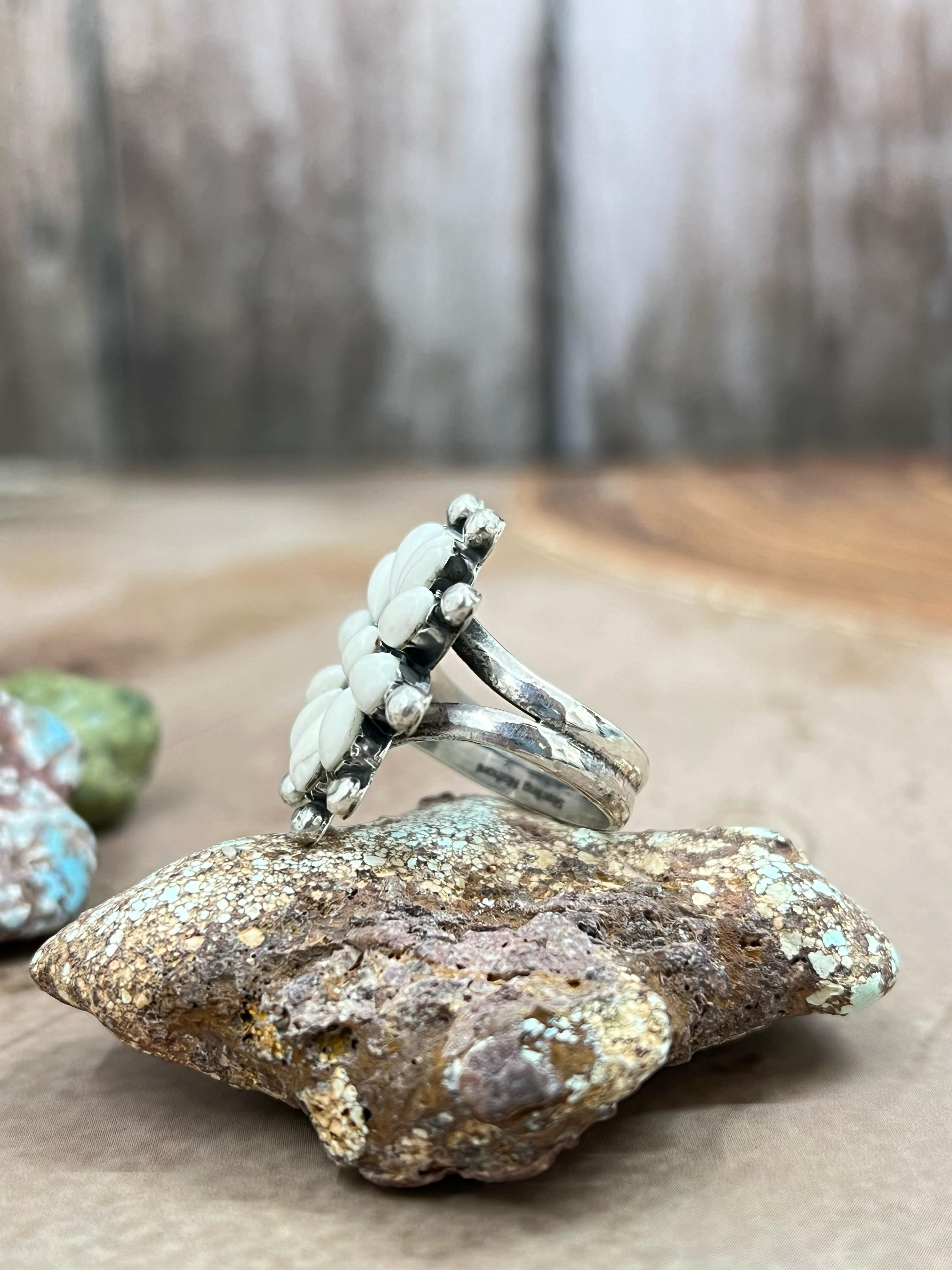 Handmade Sterling Silver White Buffalo Turquoise Adjustable Ring, Signed Nizhoni