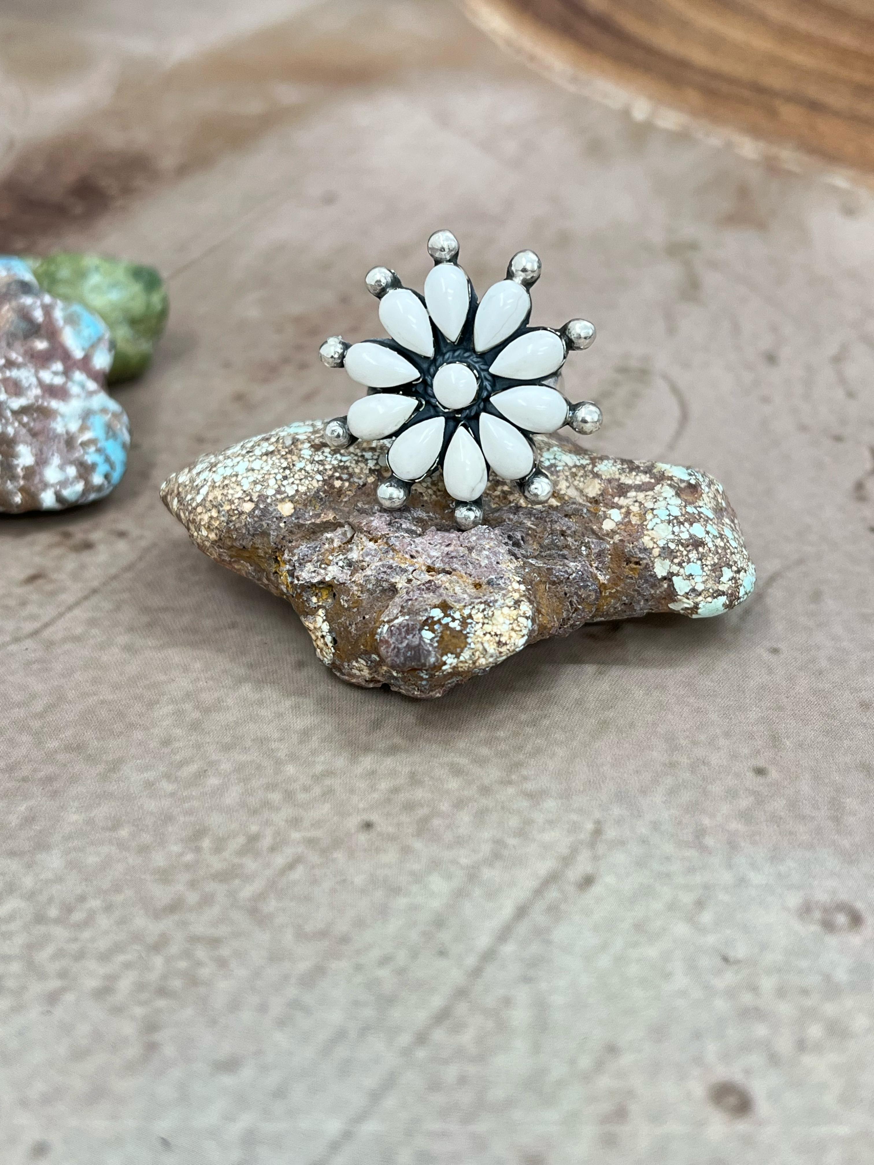 Handmade Sterling Silver White Buffalo Turquoise Adjustable Ring, Signed Nizhoni