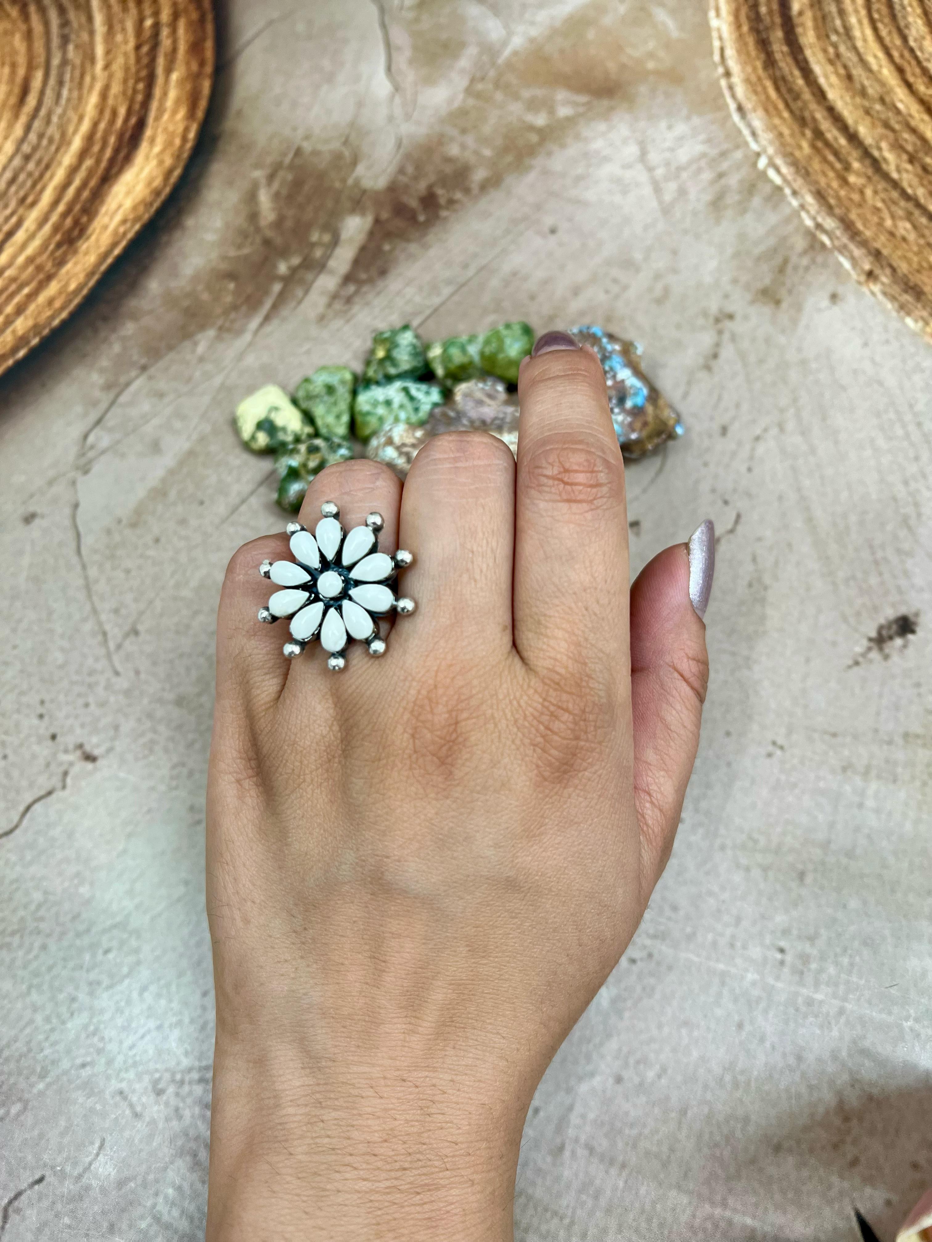 Handmade Sterling Silver White Buffalo Turquoise Adjustable Ring, Signed Nizhoni