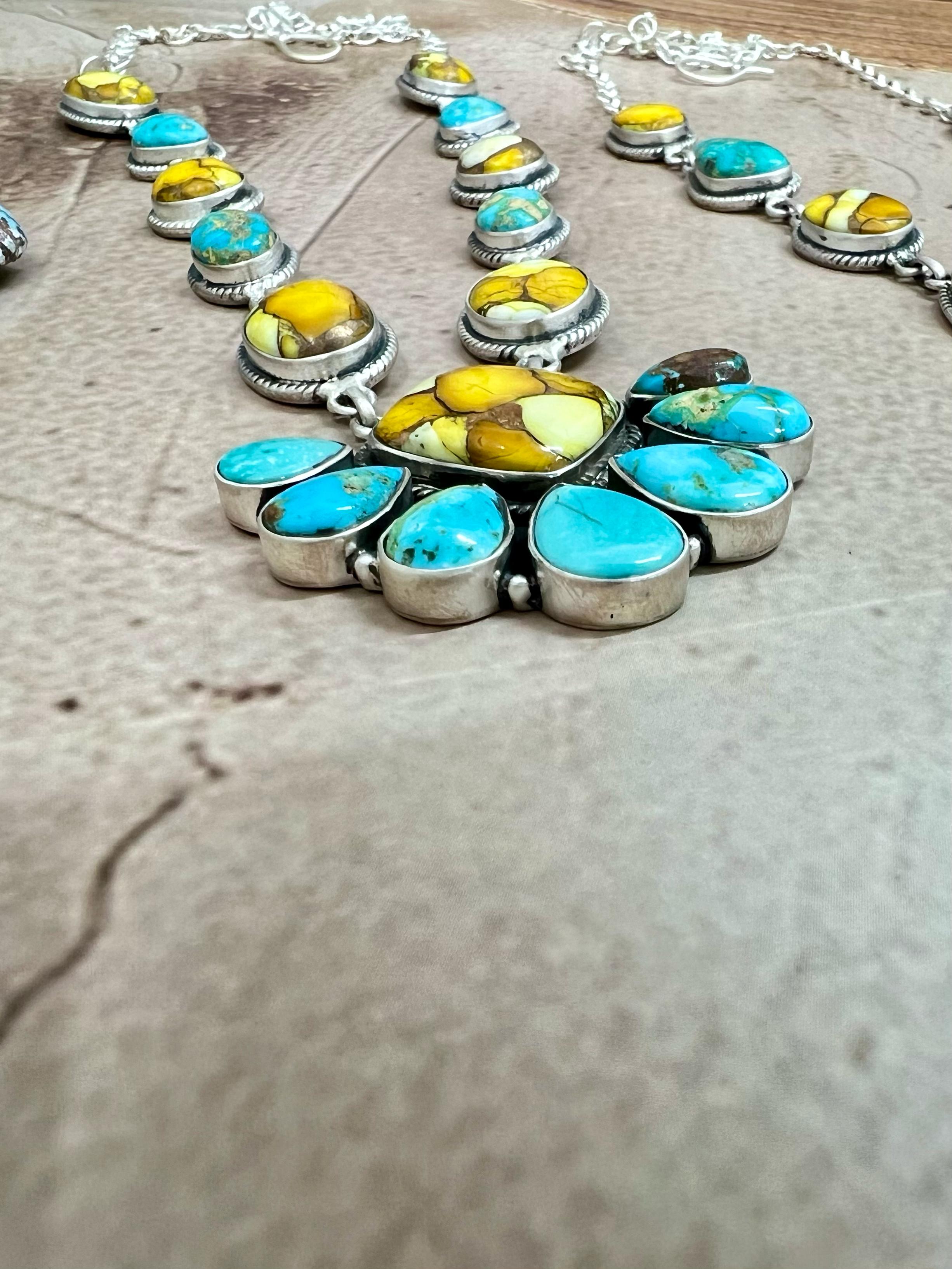 Handmade Sterling Silver Honey Dahlia with South Hill Turquoise Necklace with Signed Nizhoni