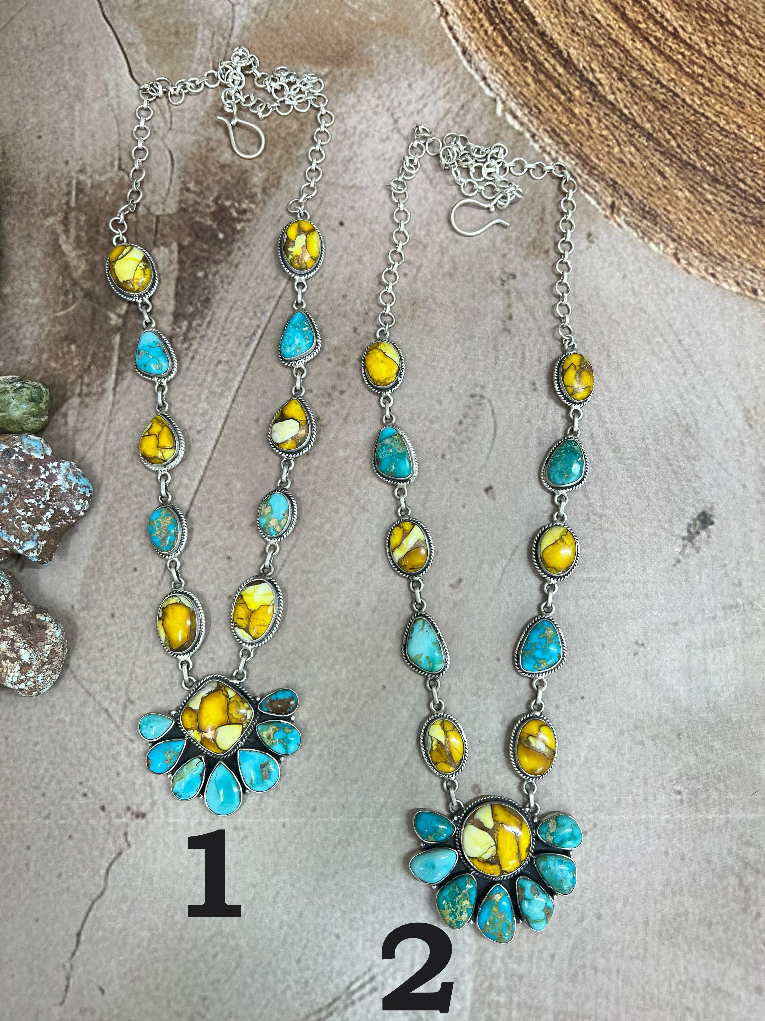 Handmade Sterling Silver Honey Dahlia with South Hill Turquoise Necklace with Signed Nizhoni