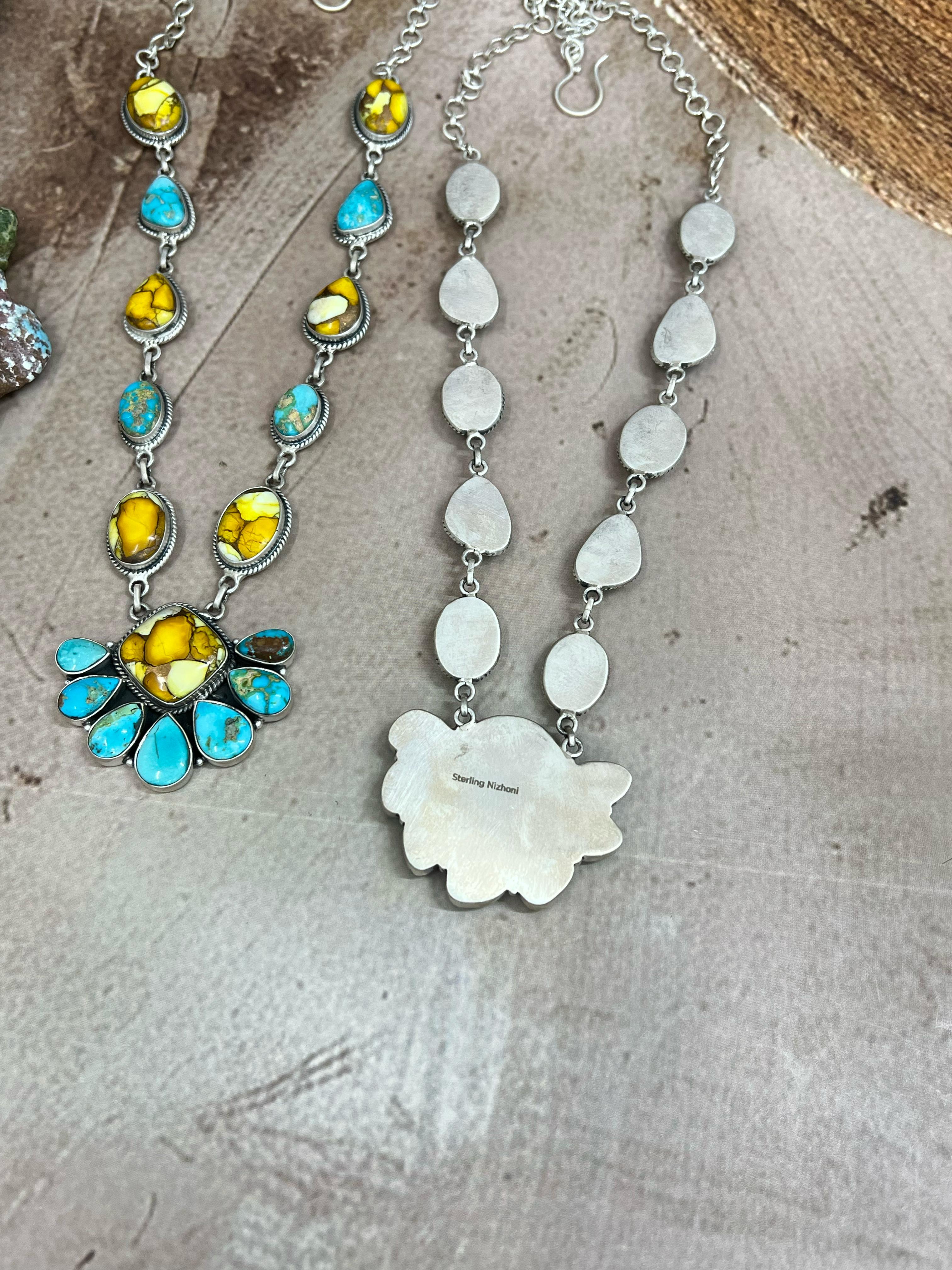 Handmade Sterling Silver Honey Dahlia with South Hill Turquoise Necklace with Signed Nizhoni