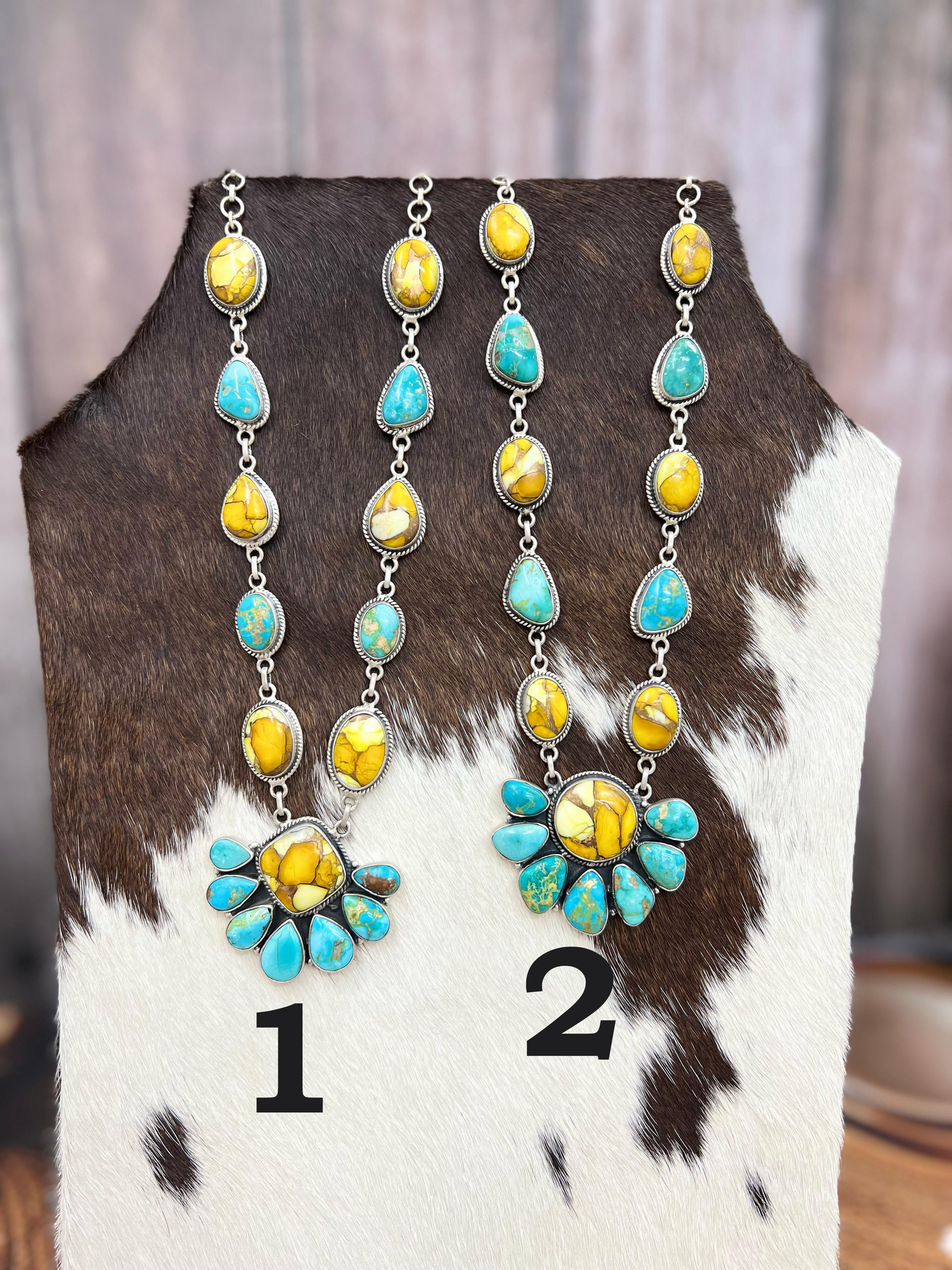 Handmade Sterling Silver Honey Dahlia with South Hill Turquoise Necklace with Signed Nizhoni