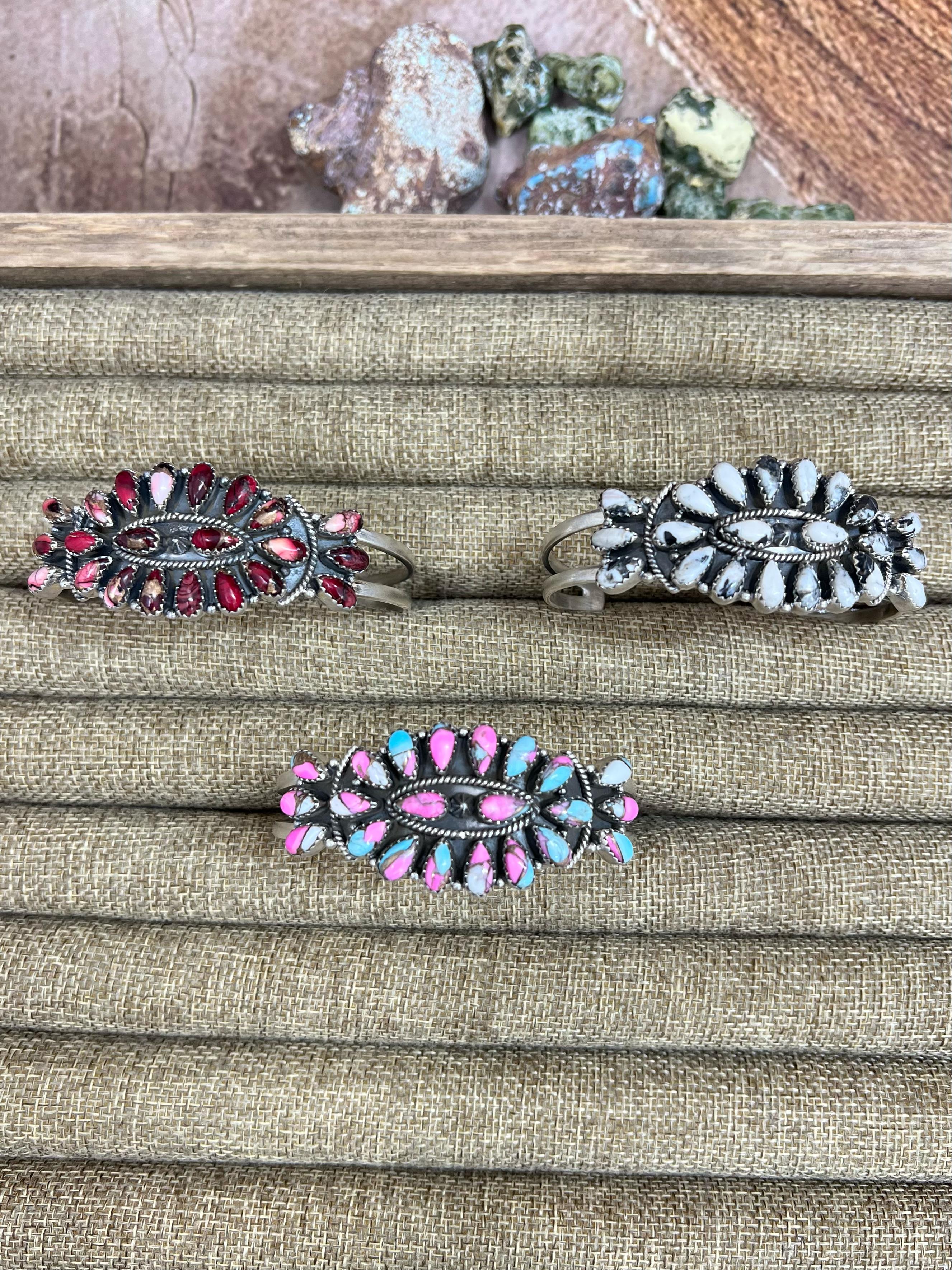 Handmade Sterling Silver Multi Stones Cuff Bracelet with Signed Nizhoni