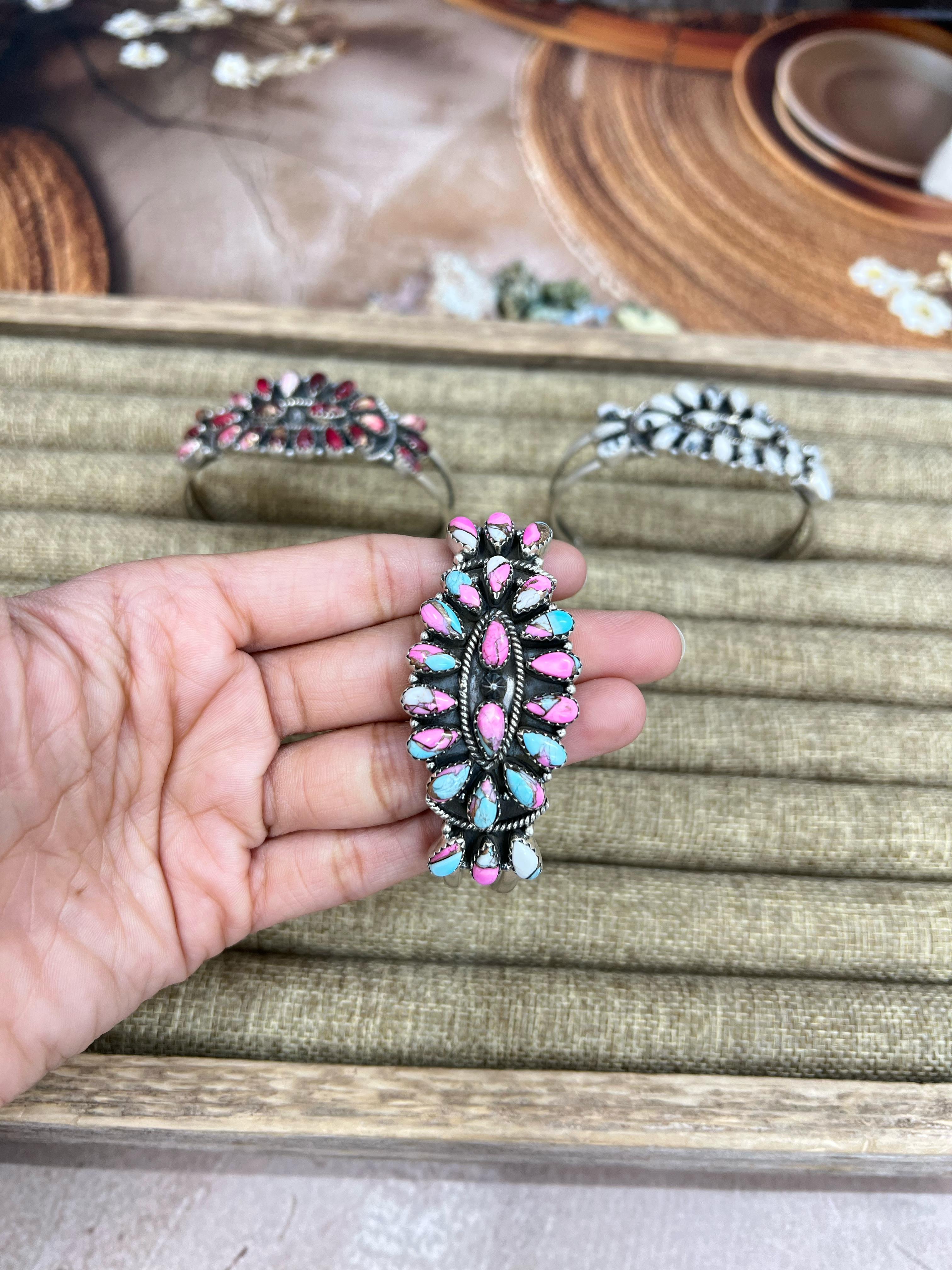 Handmade Sterling Silver Multi Stones Cuff Bracelet with Signed Nizhoni