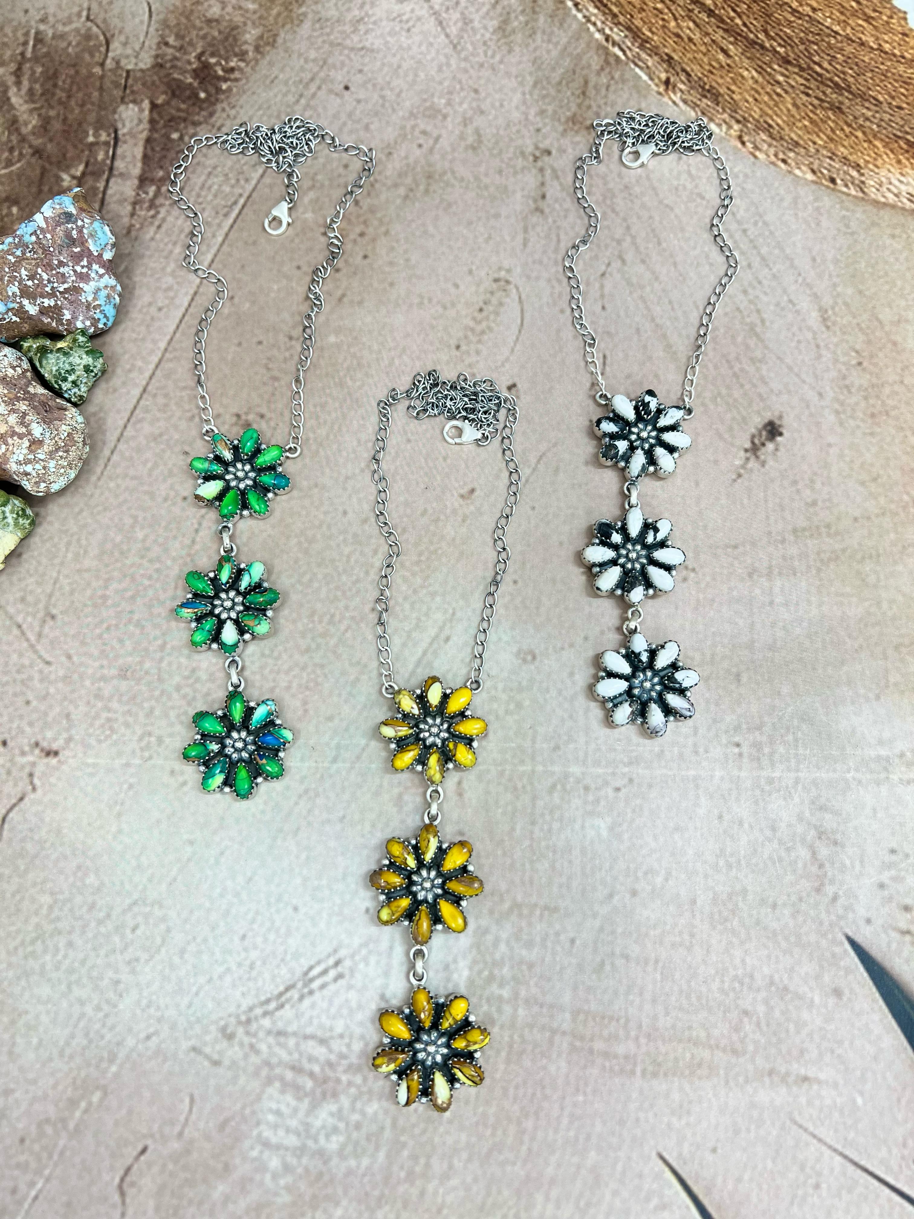 Handmade Sterling Silver Honey Dahlia, Peacock Dahlia, White Buffalo Turquoise Necklace with Signed Nizhoni