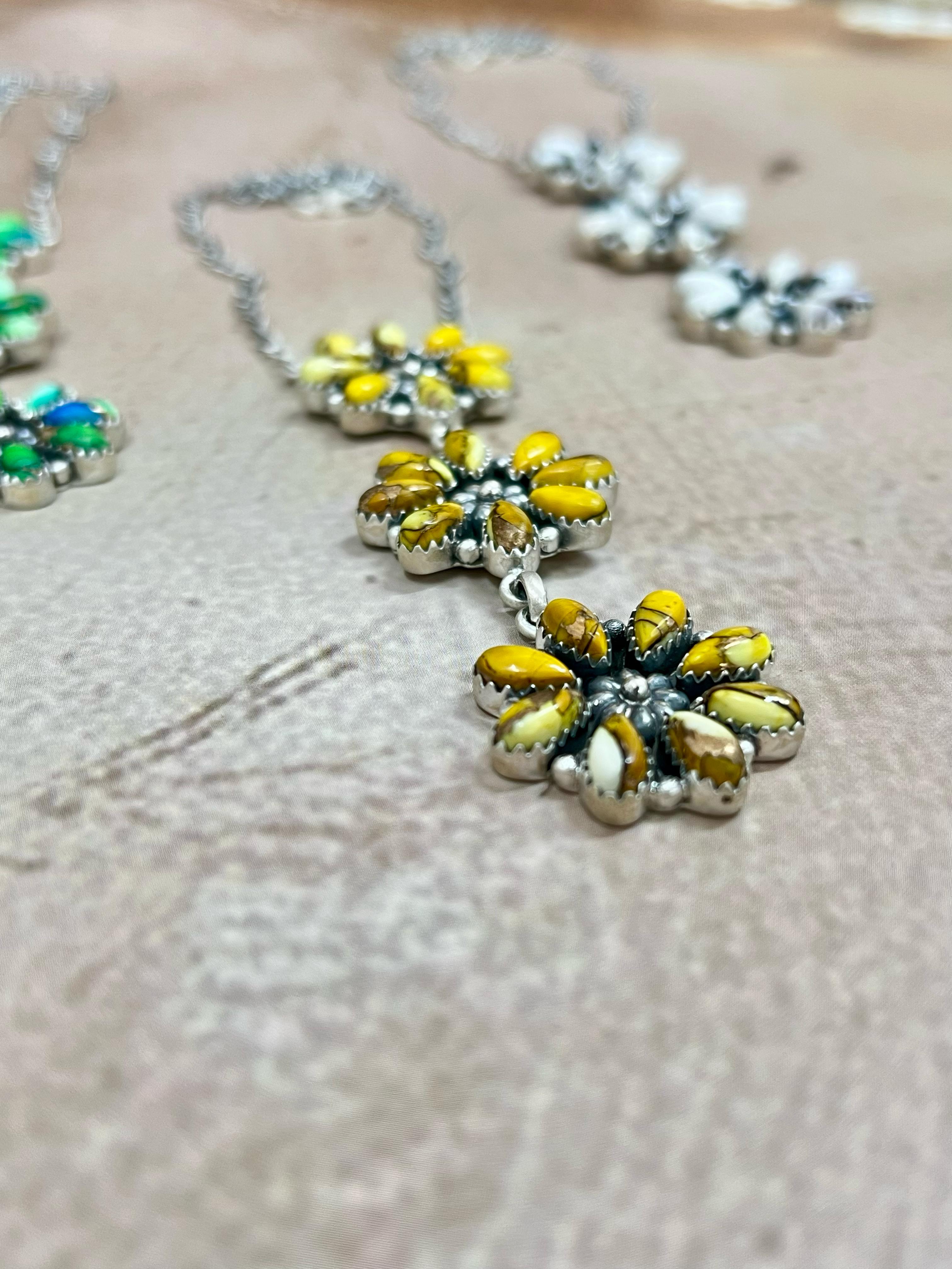 Handmade Sterling Silver Honey Dahlia, Peacock Dahlia, White Buffalo Turquoise Necklace with Signed Nizhoni