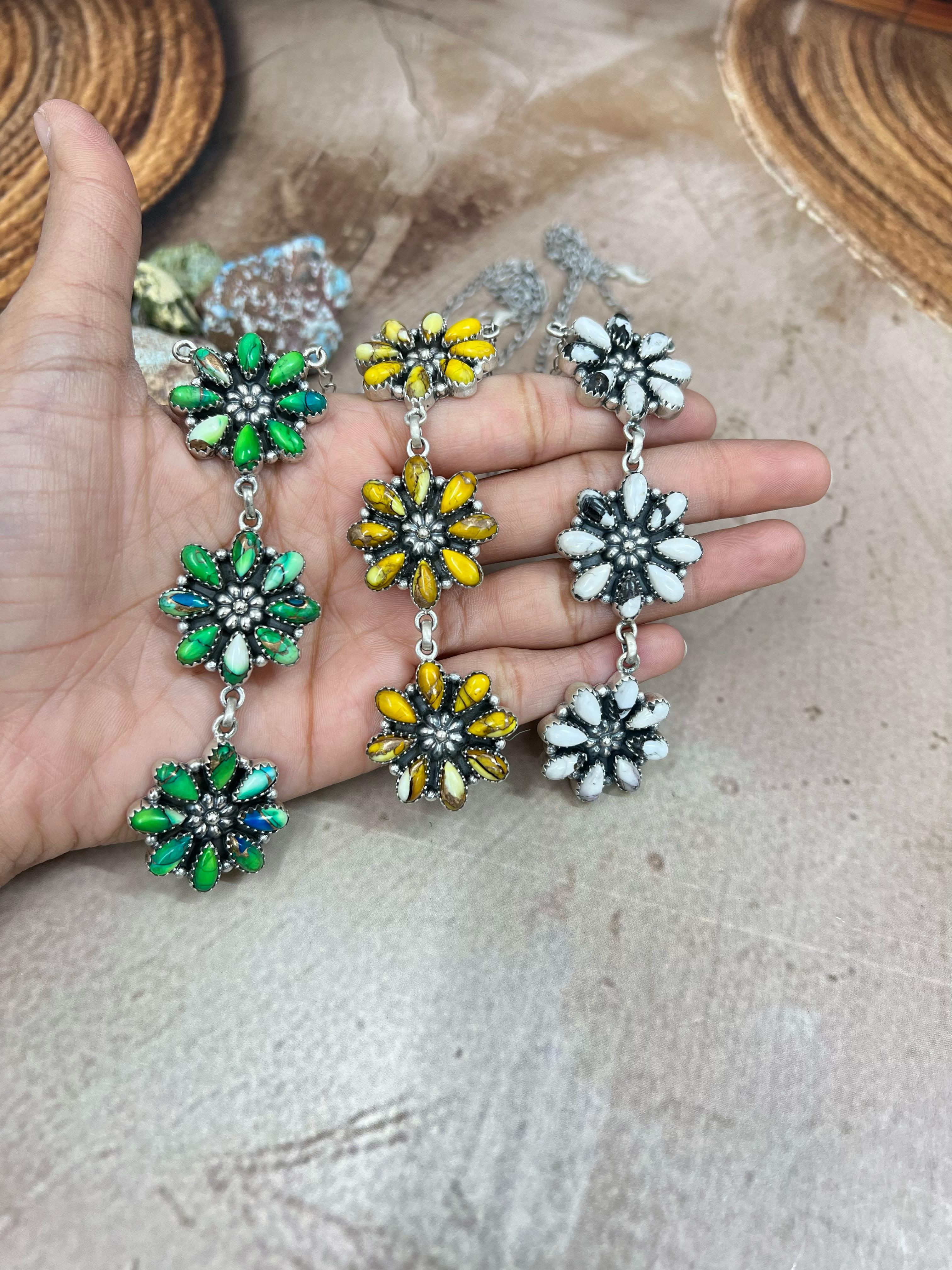 Handmade Sterling Silver Honey Dahlia, Peacock Dahlia, White Buffalo Turquoise Necklace with Signed Nizhoni