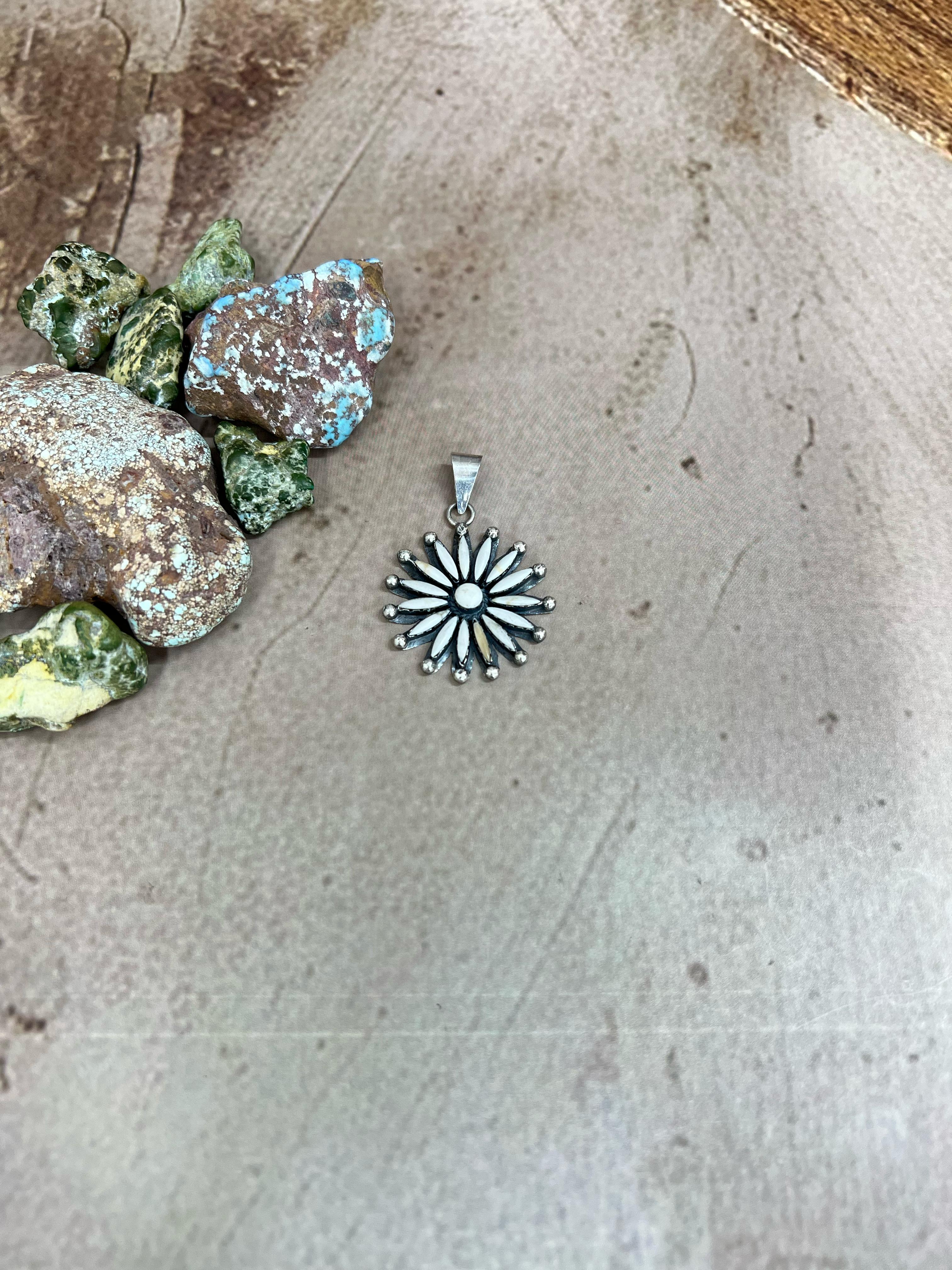 Handmade Sterling Silver White Buffalo Turquoise Pendant with Signed Nizhoni