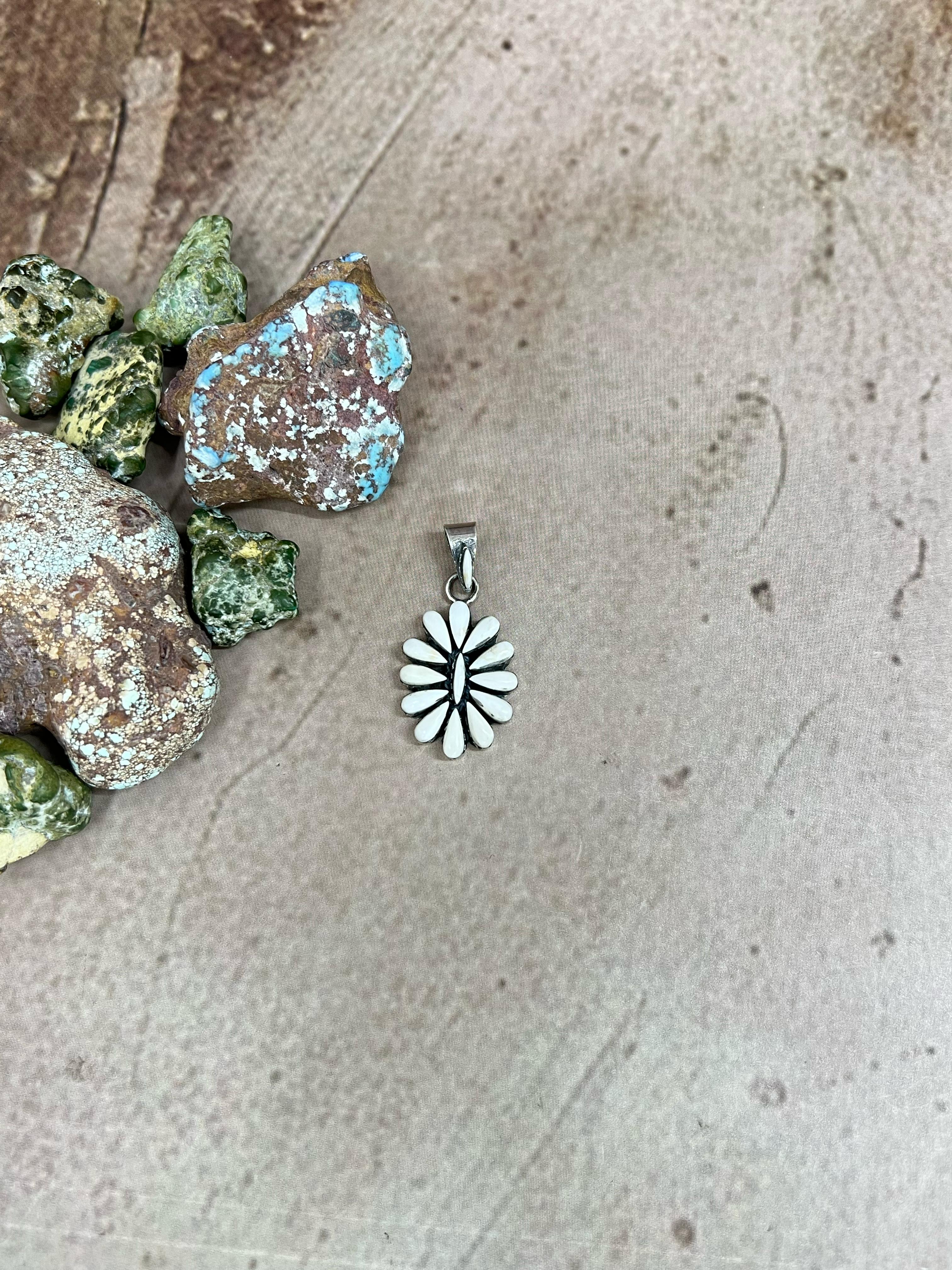 Handmade Sterling Silver White Buffalo Turquoise Pendant with Signed Nizhoni