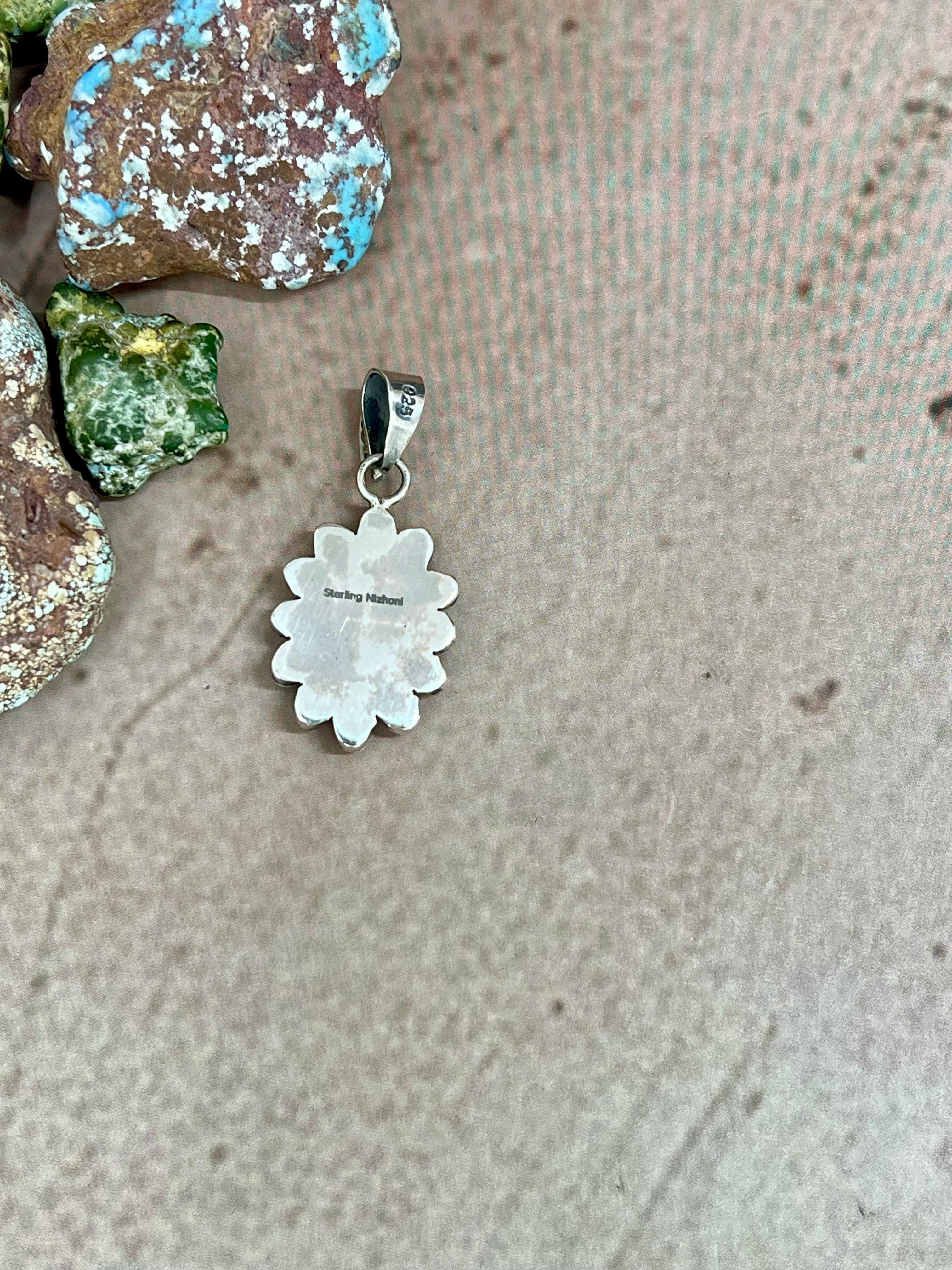 Handmade Sterling Silver White Buffalo Turquoise Pendant with Signed Nizhoni