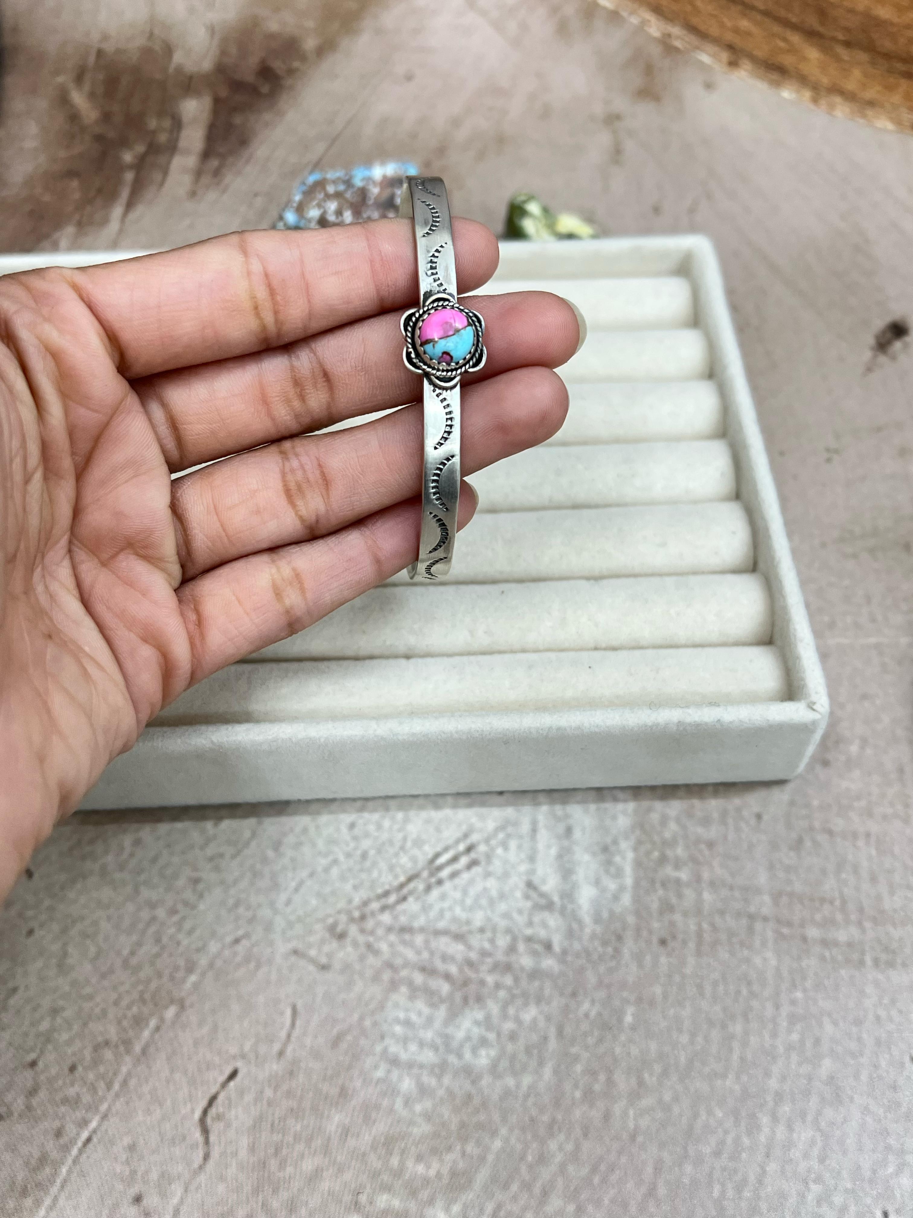 Handmade Sterling Silver Multi Stones Cuff Bracelet with Signed Nizhoni