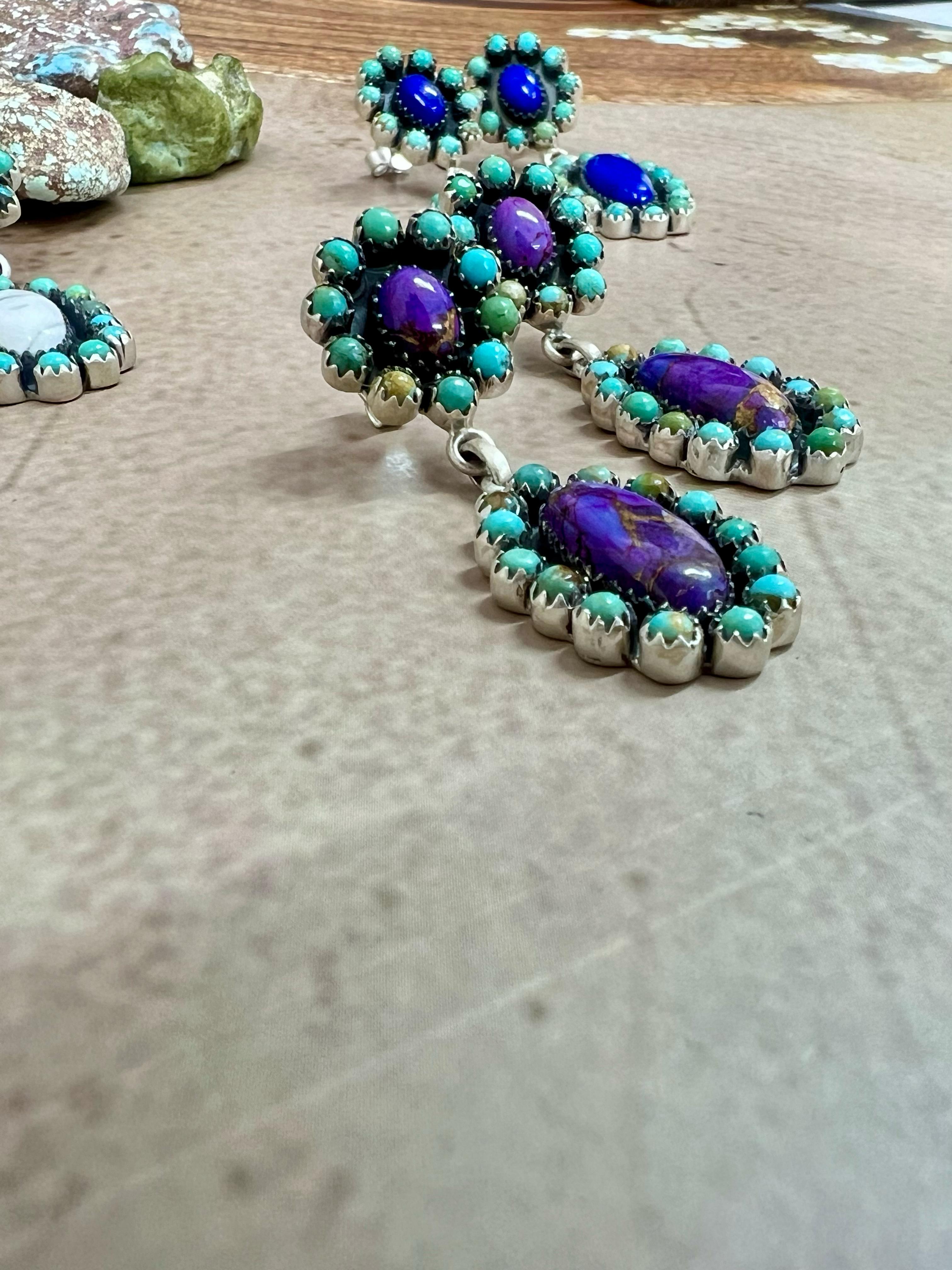 Handmade Sterling Silver Lapis, White Buffalo, Purple Kingman Mojave with Kingman Turquoise Dangle Earrings with Signed Nizhoni