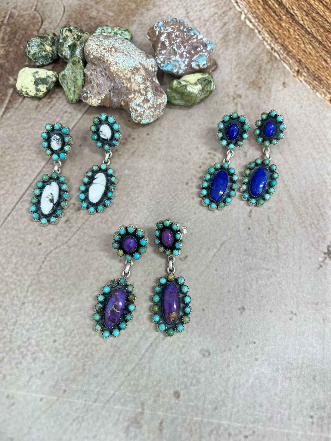 Handmade Sterling Silver Lapis, White Buffalo, Purple Kingman Mojave with Kingman Turquoise Dangle Earrings with Signed Nizhoni