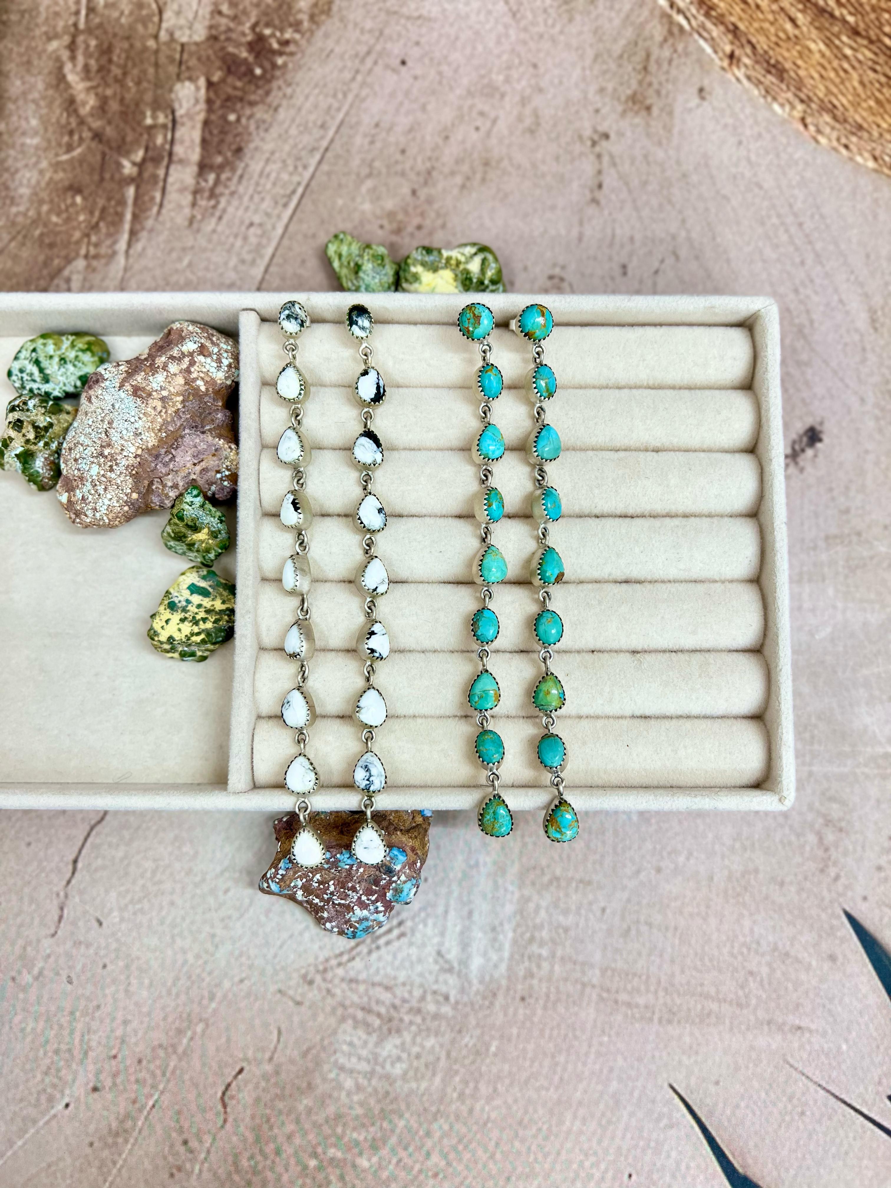 Handmade Sterling Silver White Buffalo, Kingman Turquoise Earrings with Signed Nizhoni