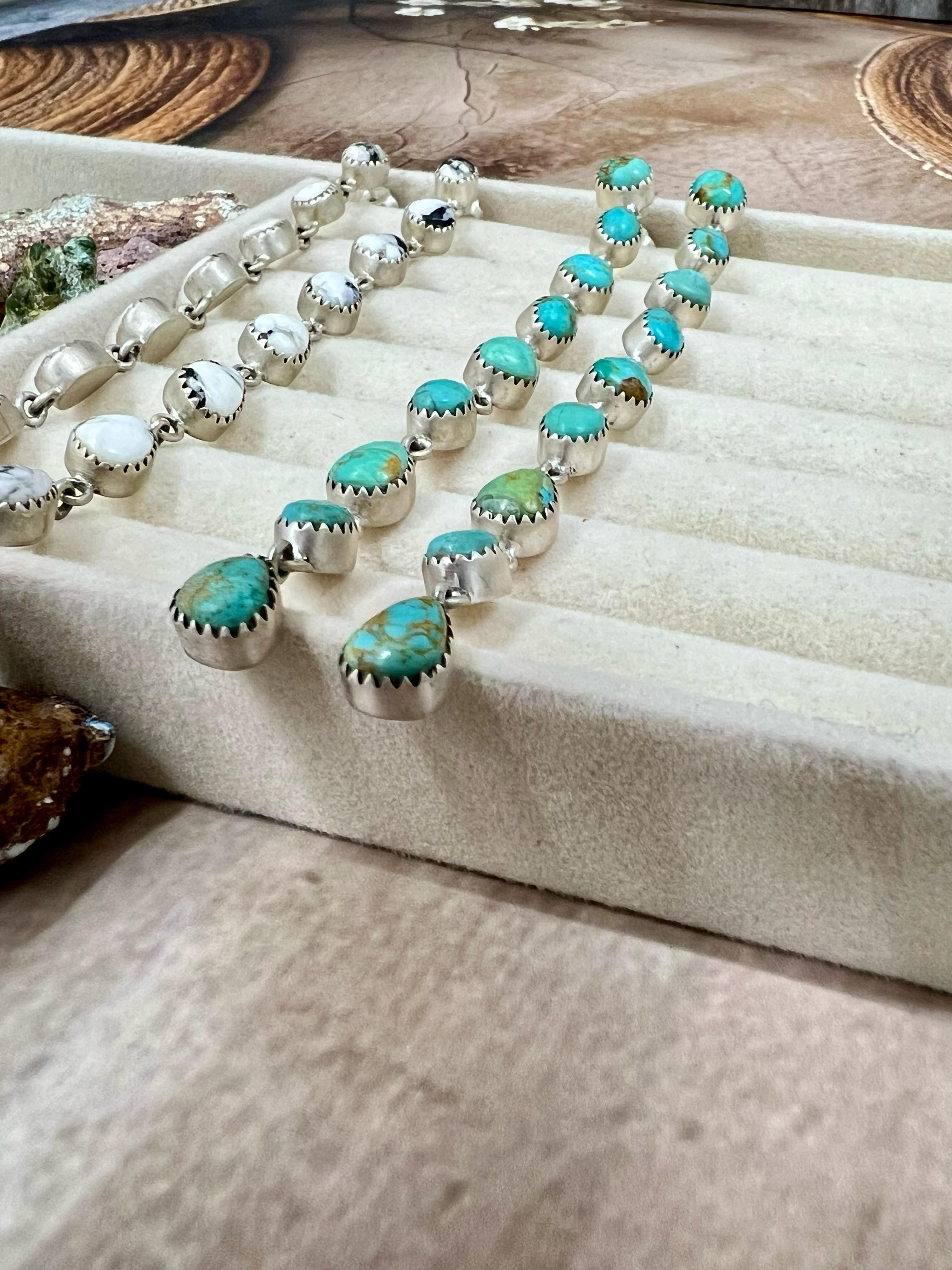 Handmade Sterling Silver White Buffalo, Kingman Turquoise Earrings with Signed Nizhoni