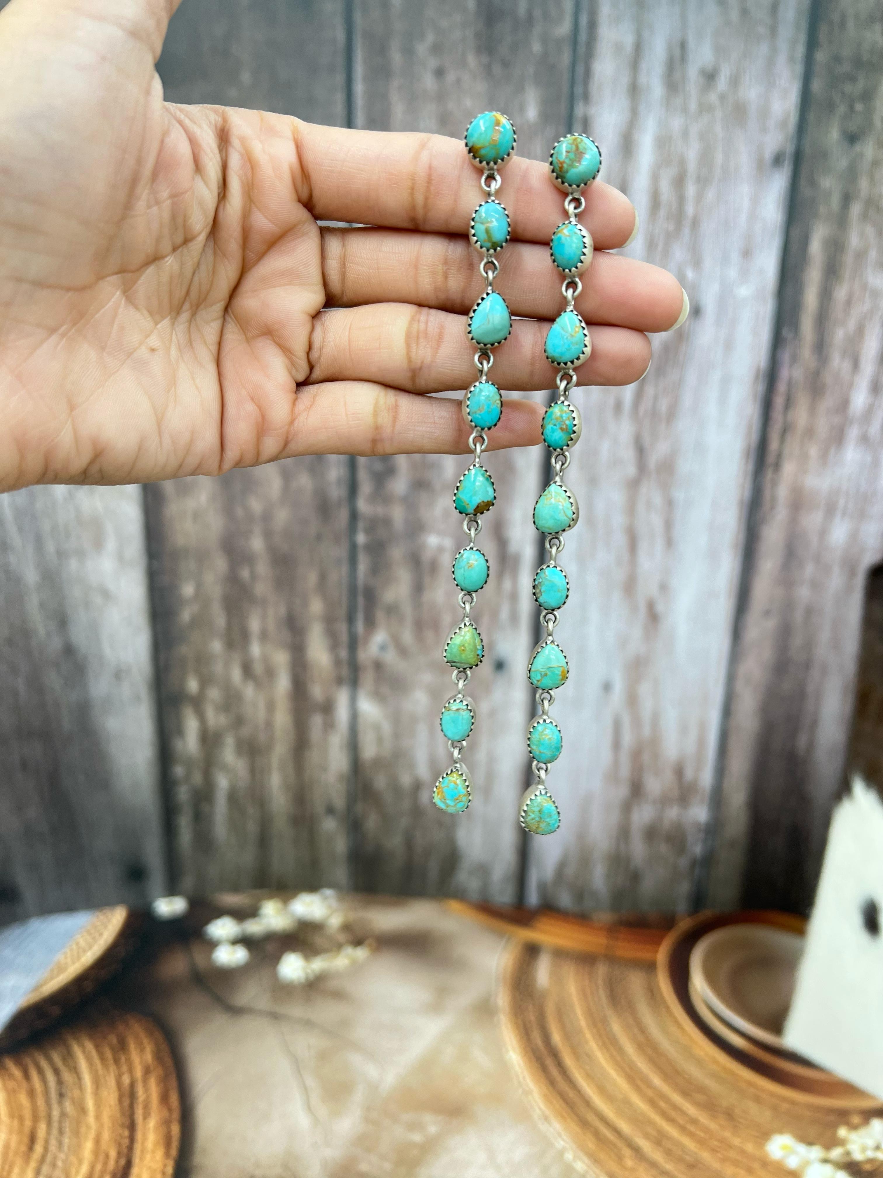 Handmade Sterling Silver White Buffalo, Kingman Turquoise Earrings with Signed Nizhoni