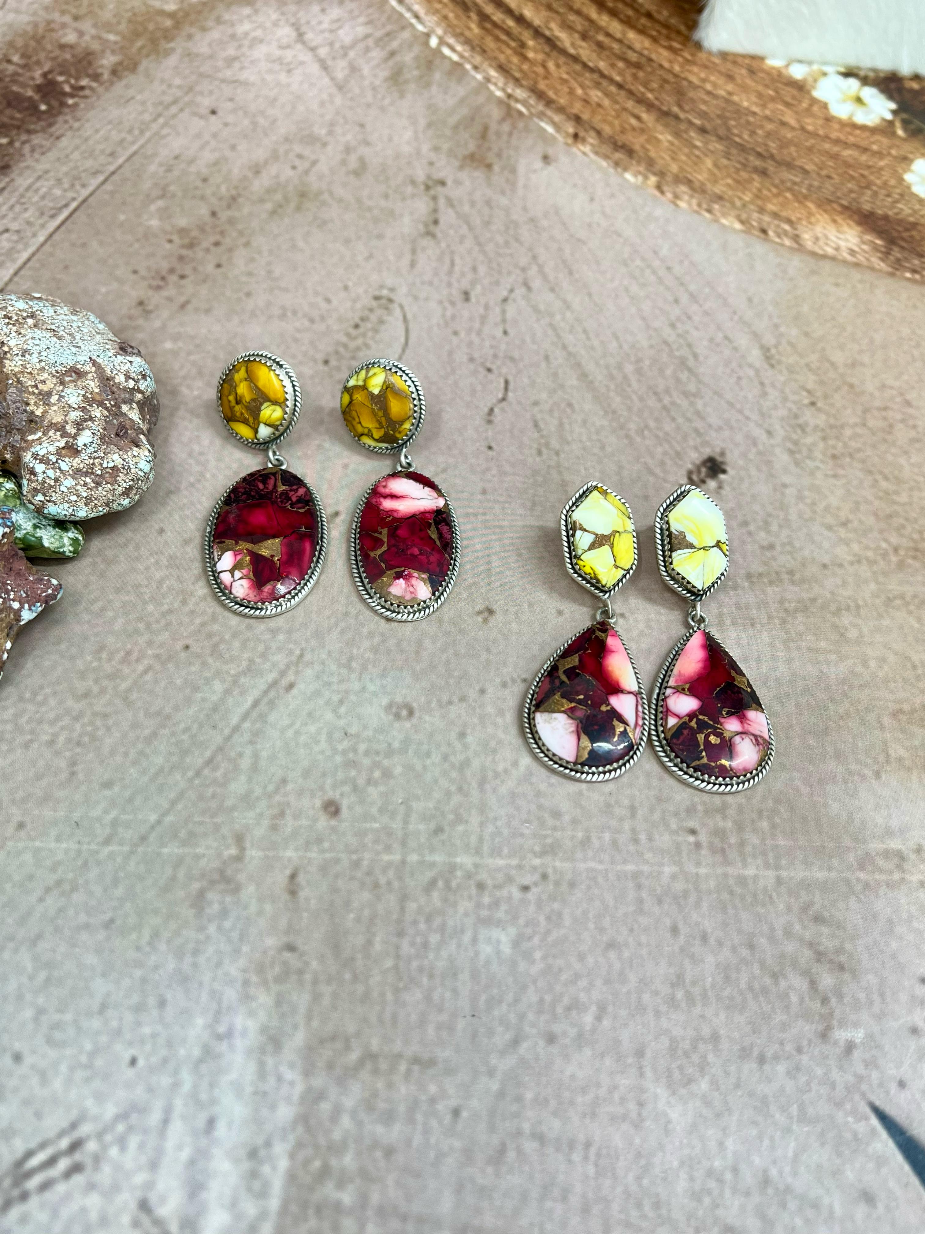 Handmade Sterling Silver Honey Dahlia with Dahlia Rose Dangle Earrings with Signed Nizhoni