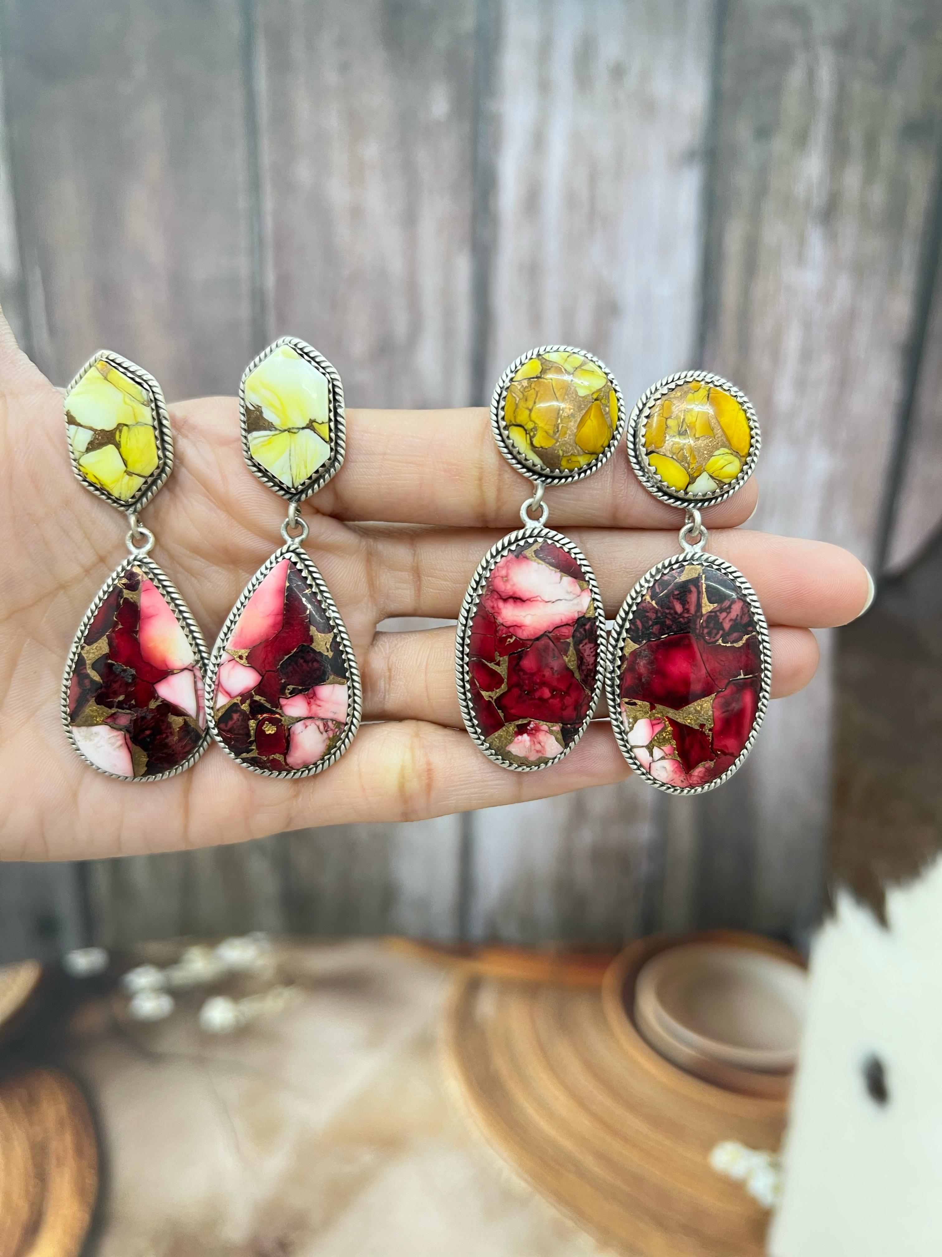 Handmade Sterling Silver Honey Dahlia with Dahlia Rose Dangle Earrings with Signed Nizhoni