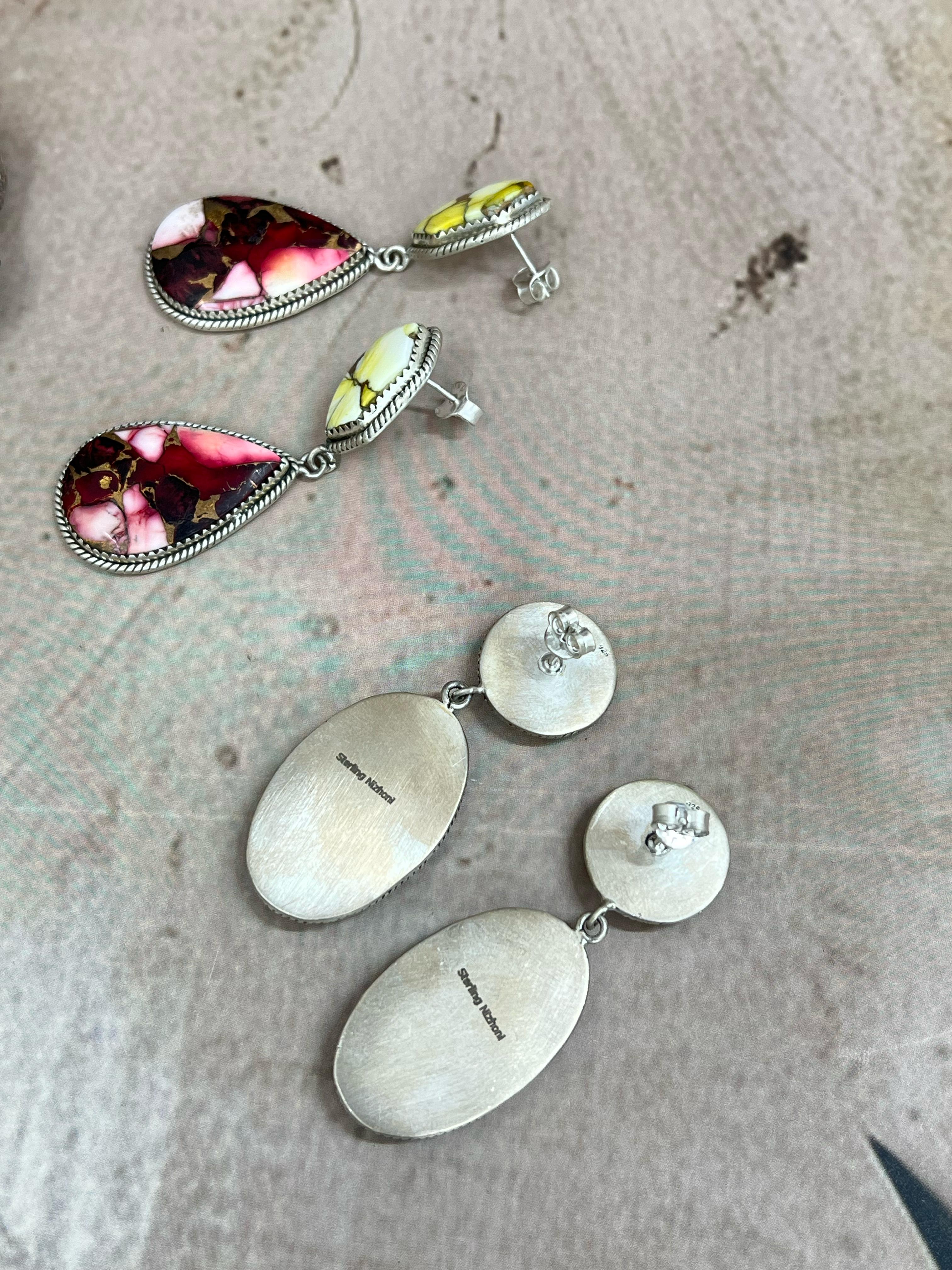 Handmade Sterling Silver Honey Dahlia with Dahlia Rose Dangle Earrings with Signed Nizhoni