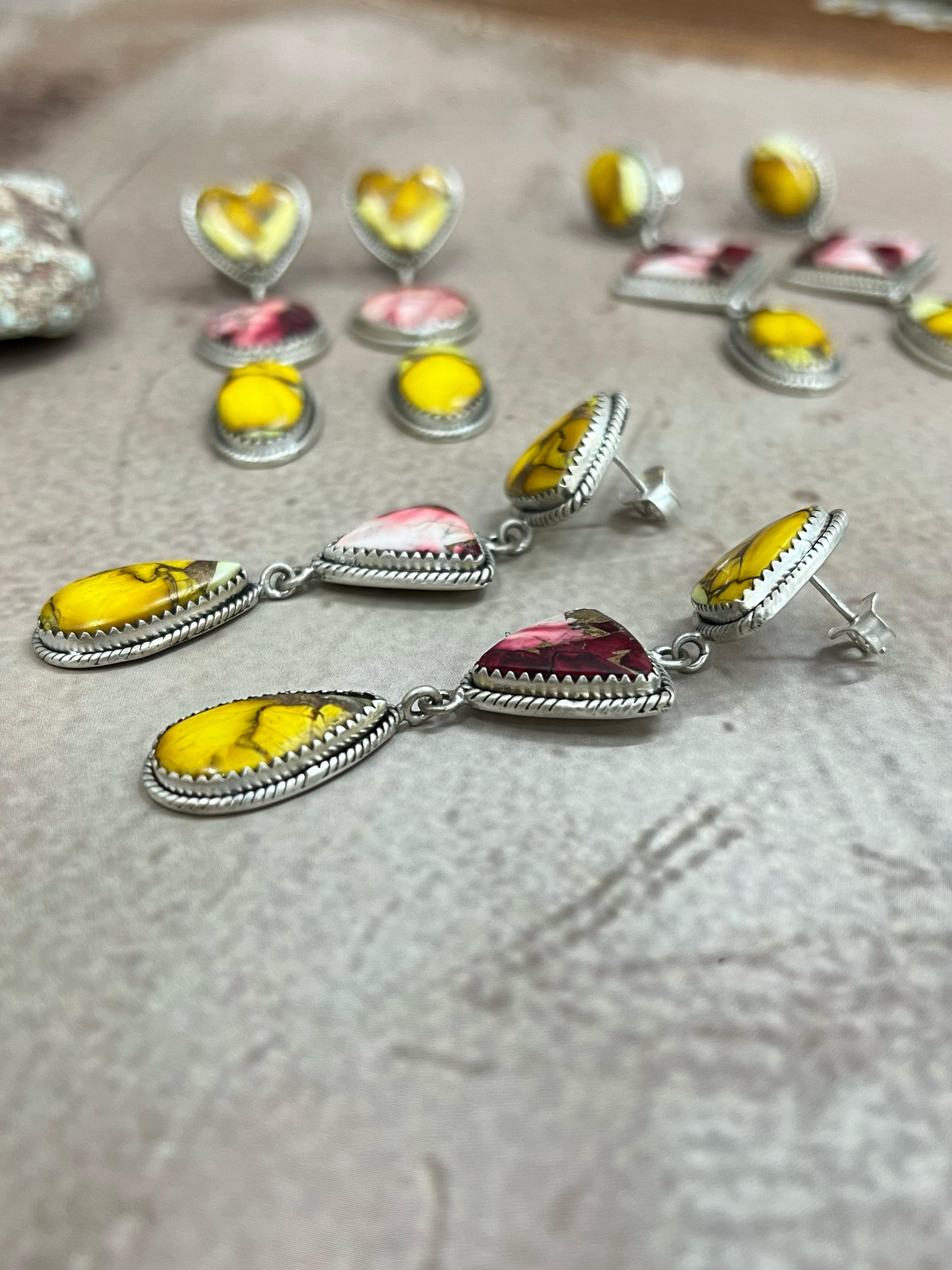 Handmade Sterling Silver Honey Dahlia with Dahlia Rose Dangle Earrings with Signed Nizhoni