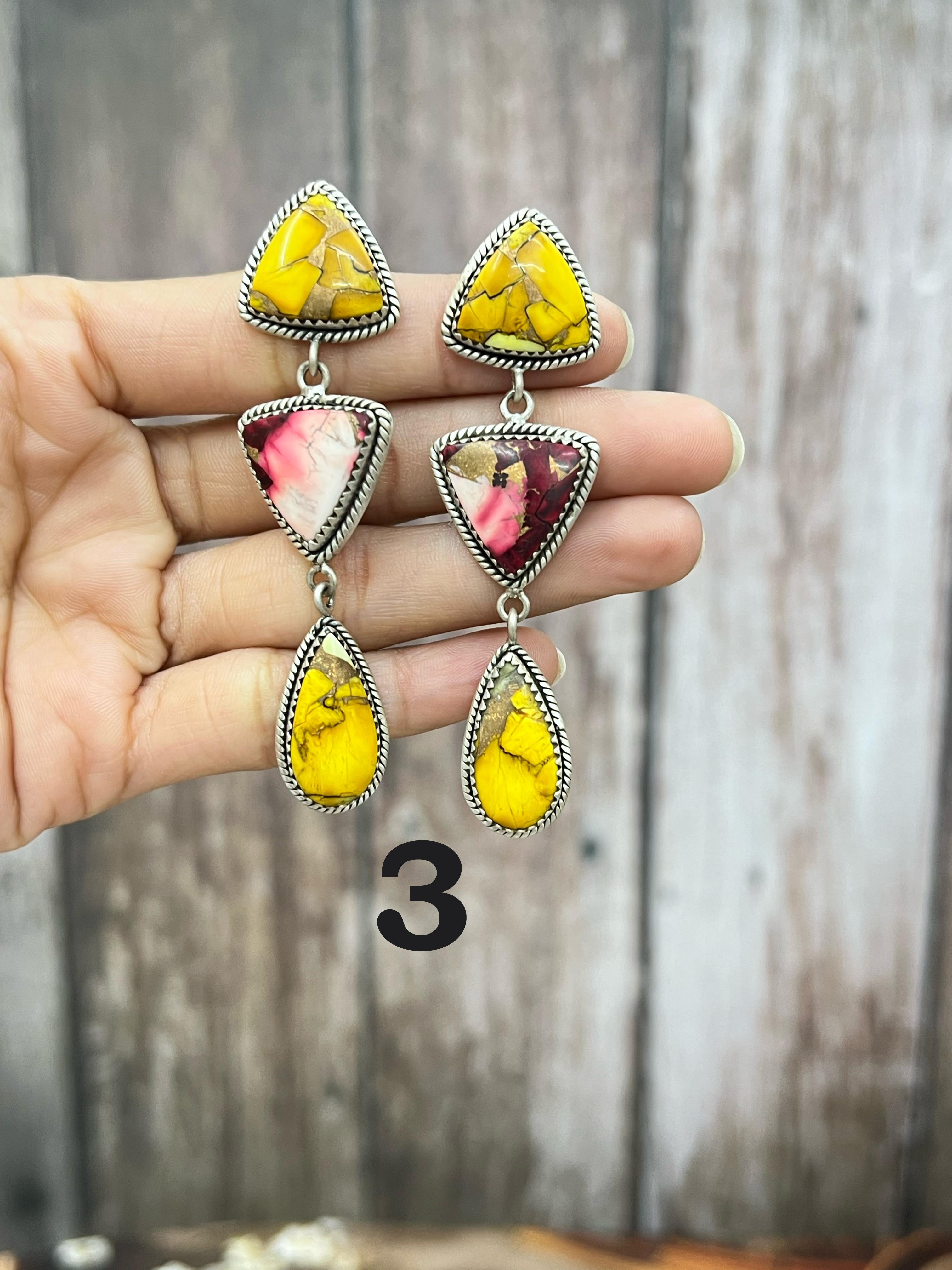 Handmade Sterling Silver Honey Dahlia with Dahlia Rose Dangle Earrings with Signed Nizhoni