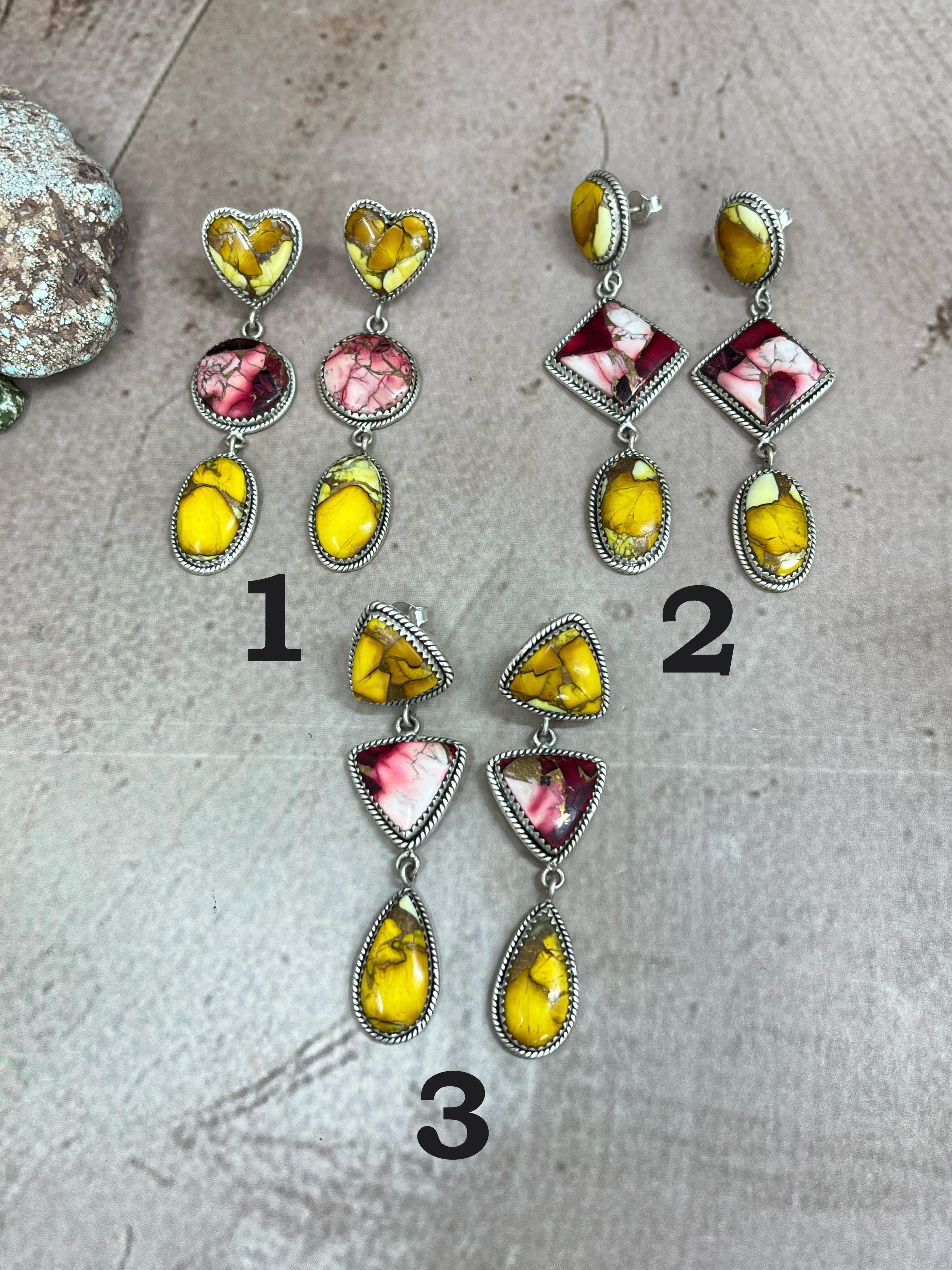 Handmade Sterling Silver Honey Dahlia with Dahlia Rose Dangle Earrings with Signed Nizhoni