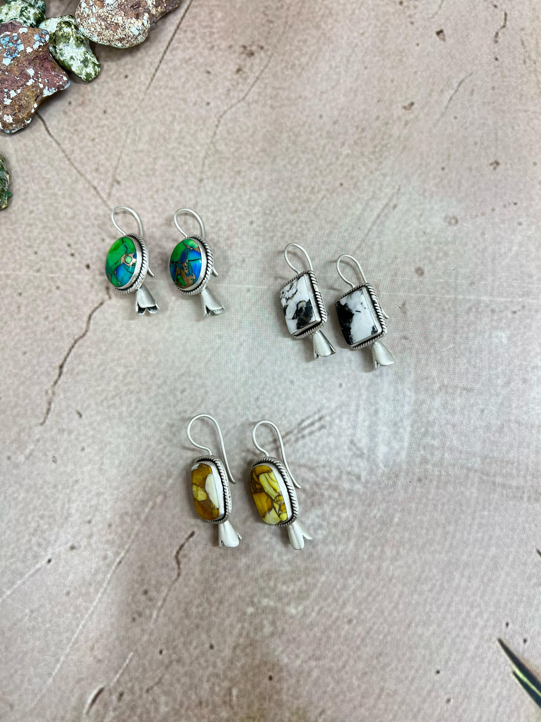 Handmade Sterling Silver Peacock Dahlia, White Buffalo Turquoise, Honey Dahlia Blossom Dangle Earrings with Signed Nizhoni