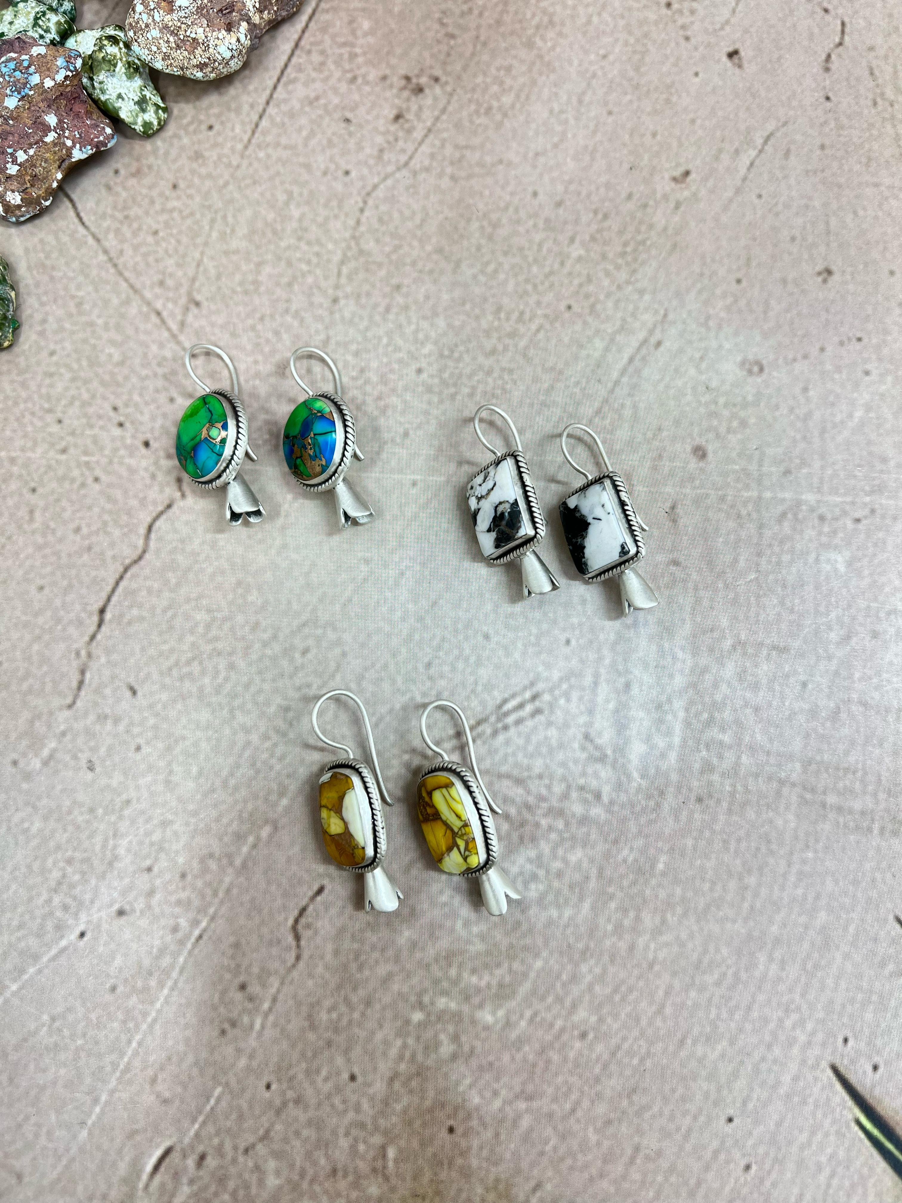 Handmade Sterling Silver Peacock Dahlia, White Buffalo Turquoise, Honey Dahlia Blossom Dangle Earrings with Signed Nizhoni