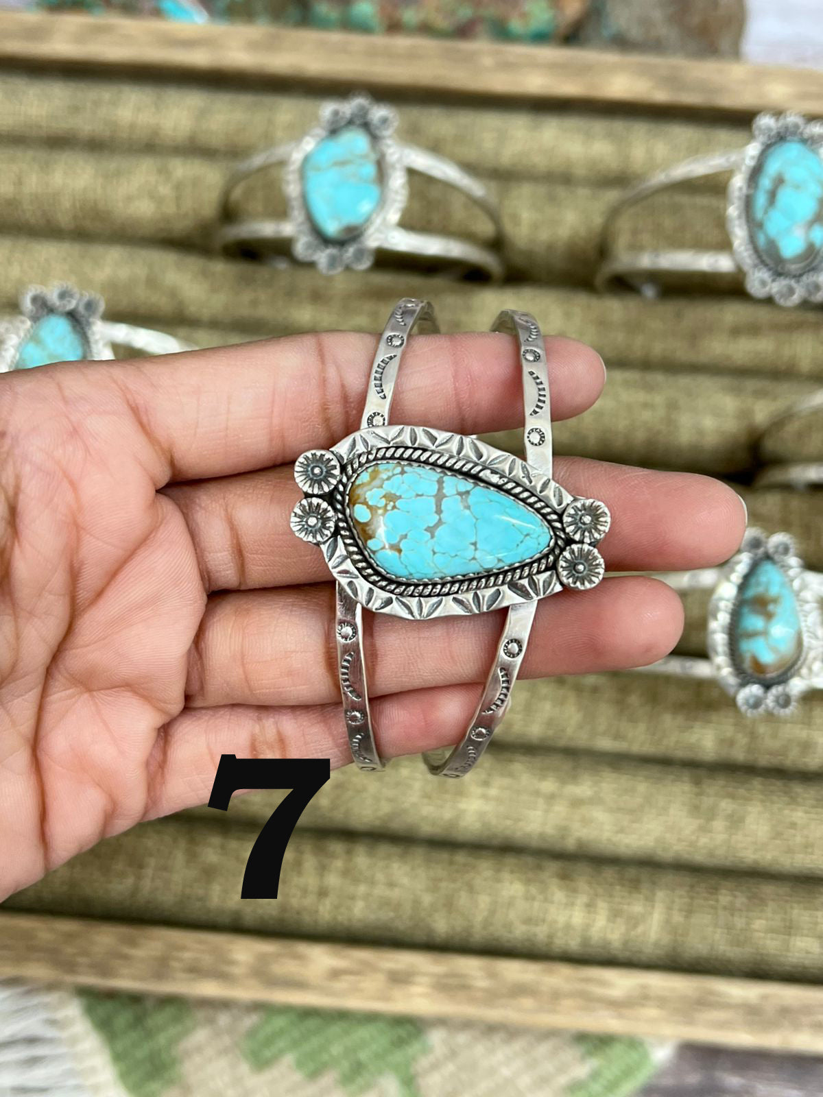 Handmade Sterling Silver Number 8 Turquoise Cuff Bracelet with Signed Nizhoni