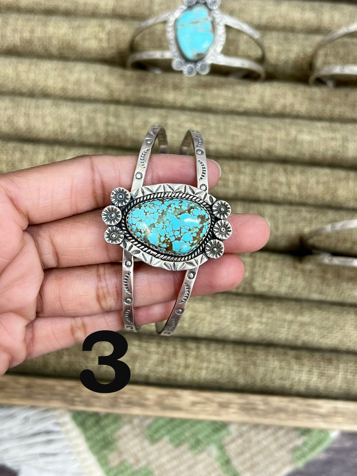 Handmade Sterling Silver Number 8 Turquoise Cuff Bracelet with Signed Nizhoni