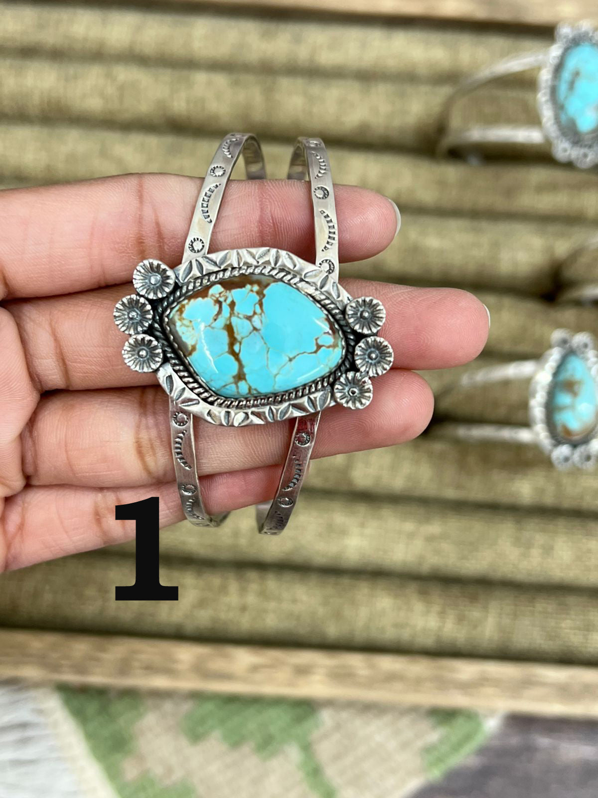 Handmade Sterling Silver Number 8 Turquoise Cuff Bracelet with Signed Nizhoni