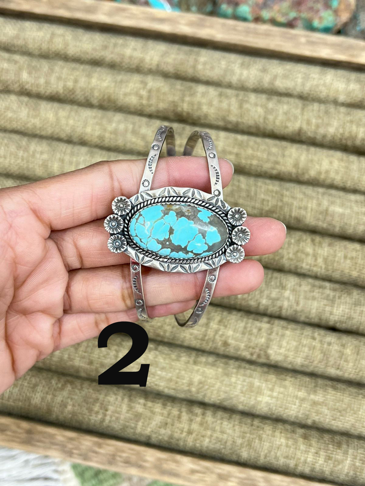 Handmade Sterling Silver Number 8 Turquoise Cuff Bracelet with Signed Nizhoni