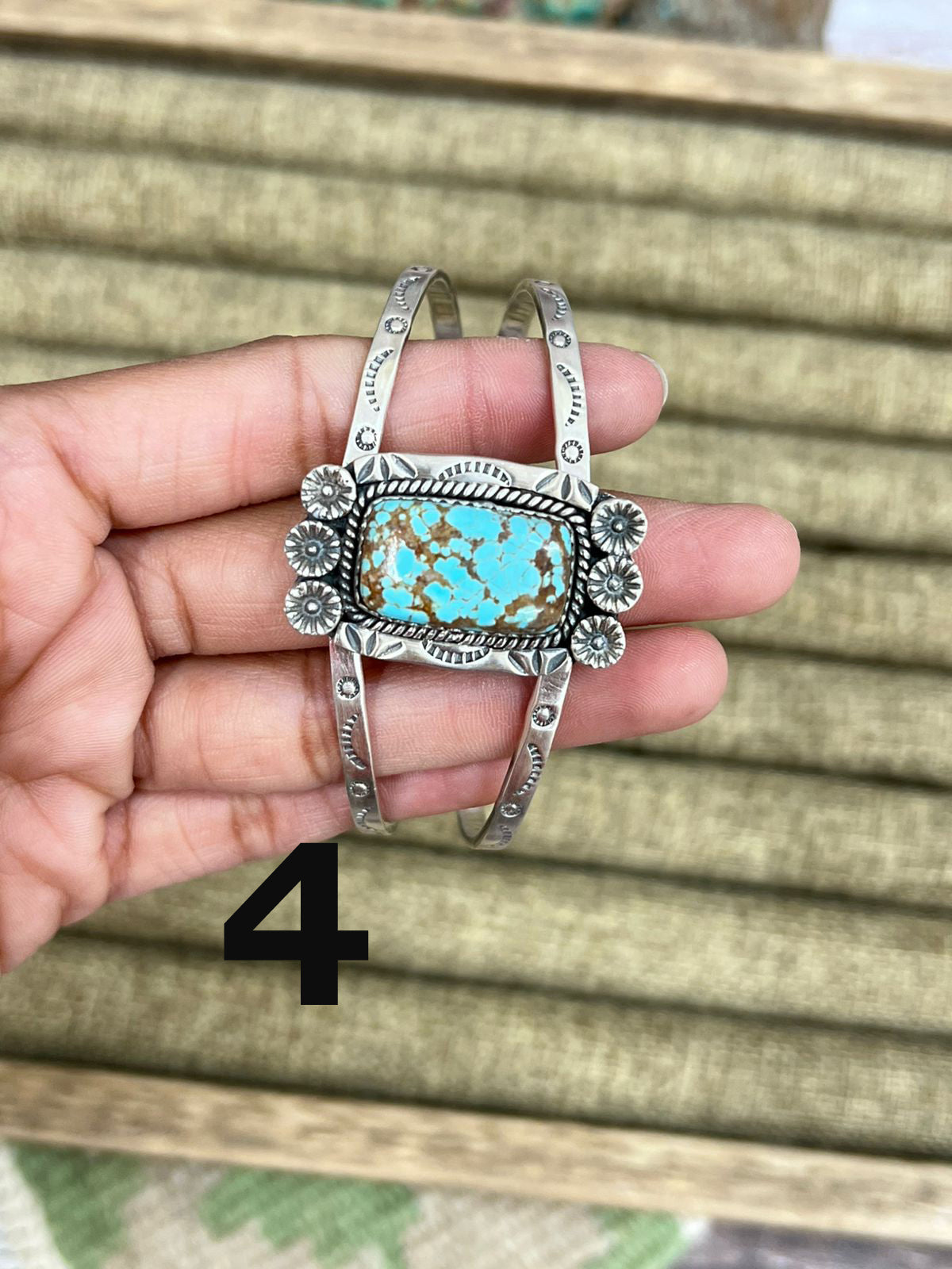 Handmade Sterling Silver Number 8 Turquoise Cuff Bracelet with Signed Nizhoni