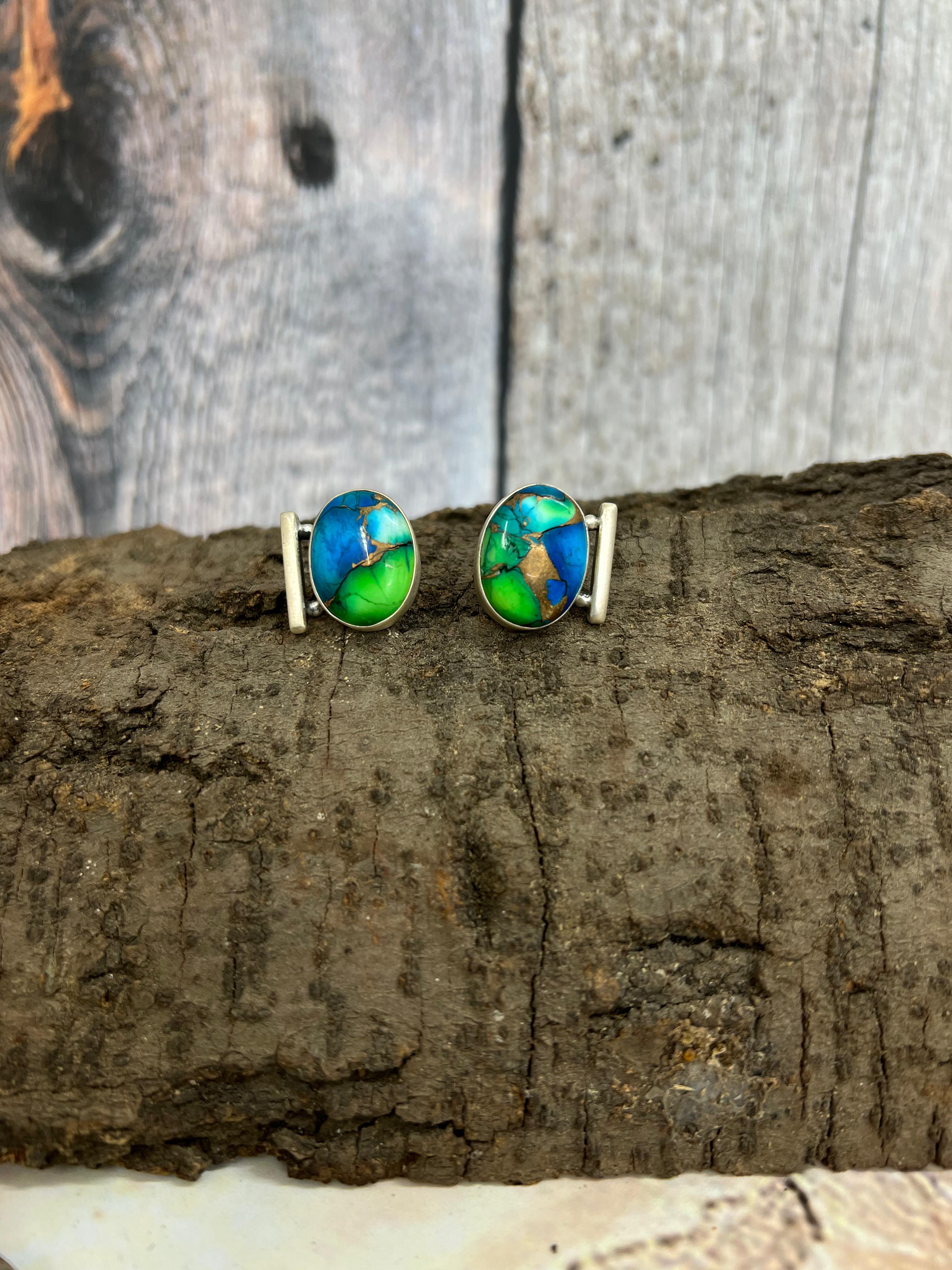 Handmade Sterling Silver Peacock Dahlia Post Earrings with Signed Nizhoni