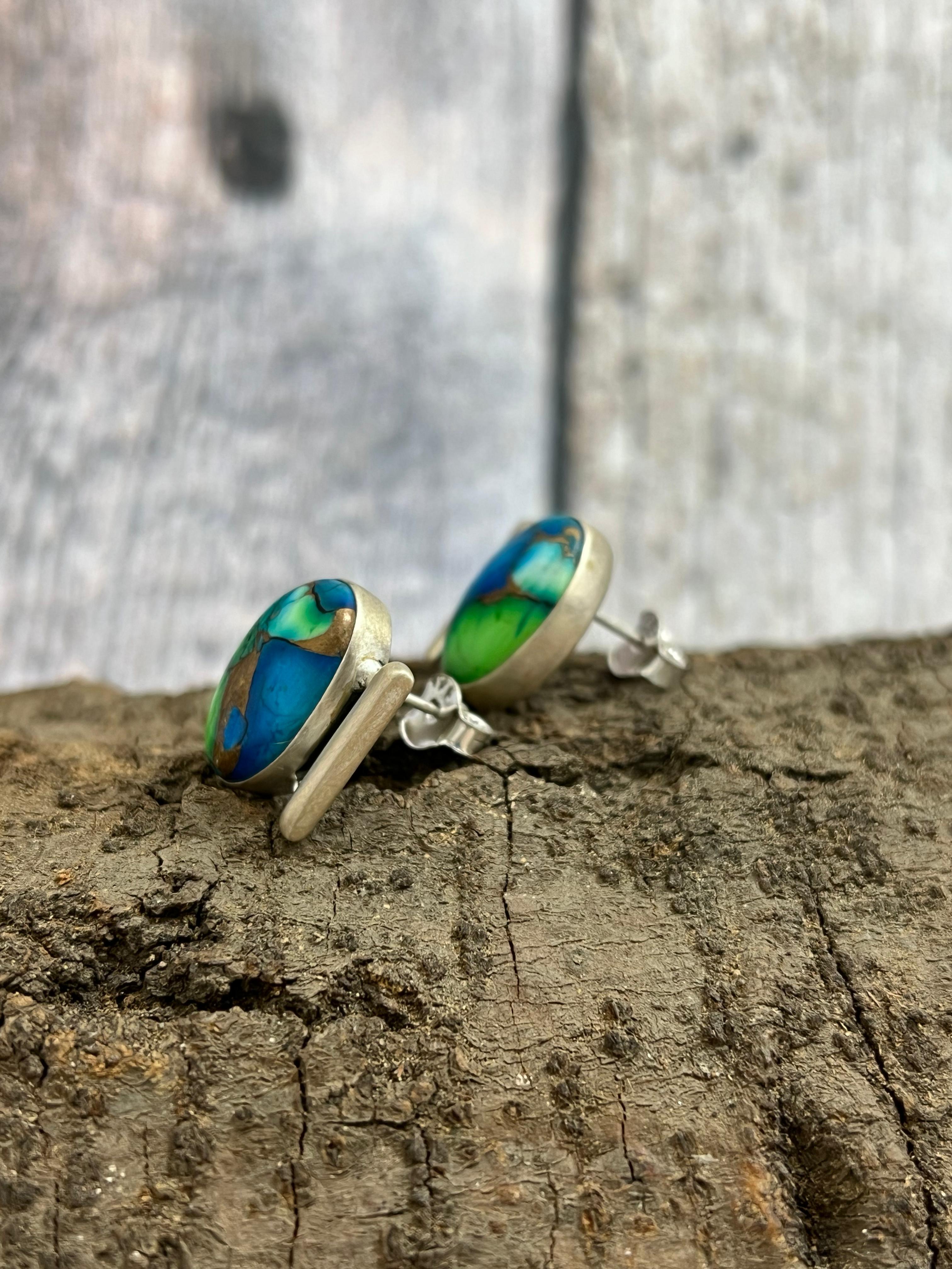 Handmade Sterling Silver Peacock Dahlia Post Earrings with Signed Nizhoni