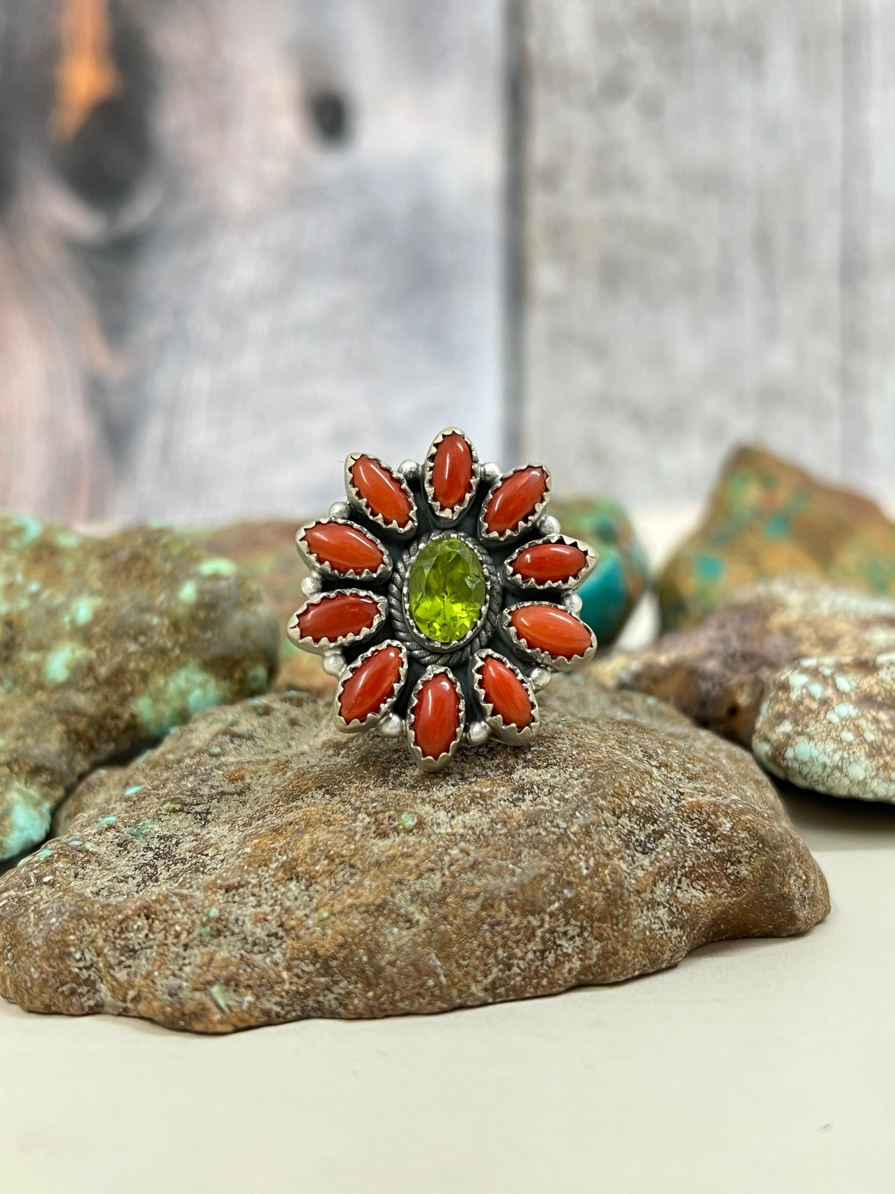 Christmas Collection Handmade Sterling Silver Coral with Peridot Adjustable Ring with Signed Nizhoni
