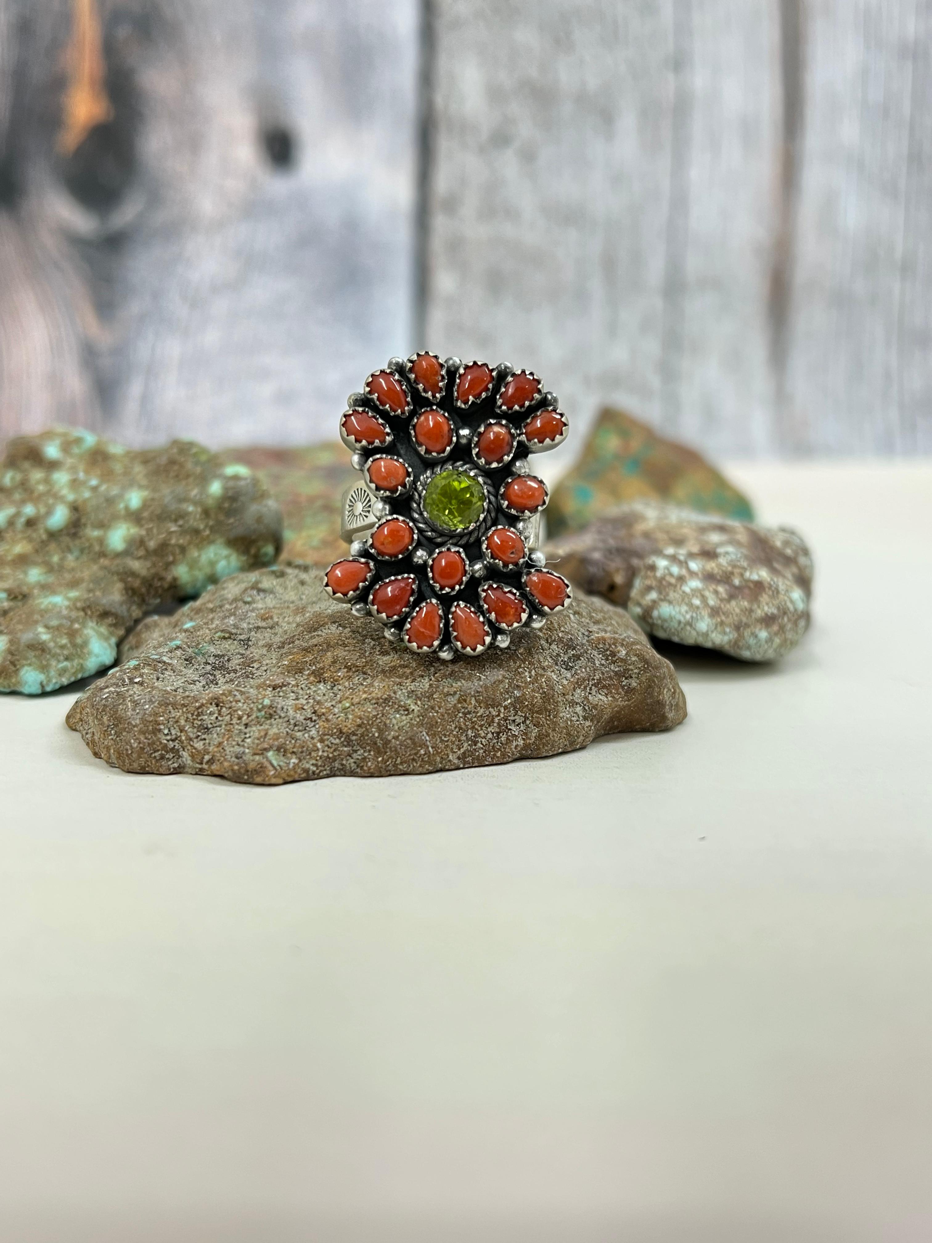 Christmas Collection Handmade Sterling Silver Coral with Peridot Adjustable Ring with Signed Nizhoni
