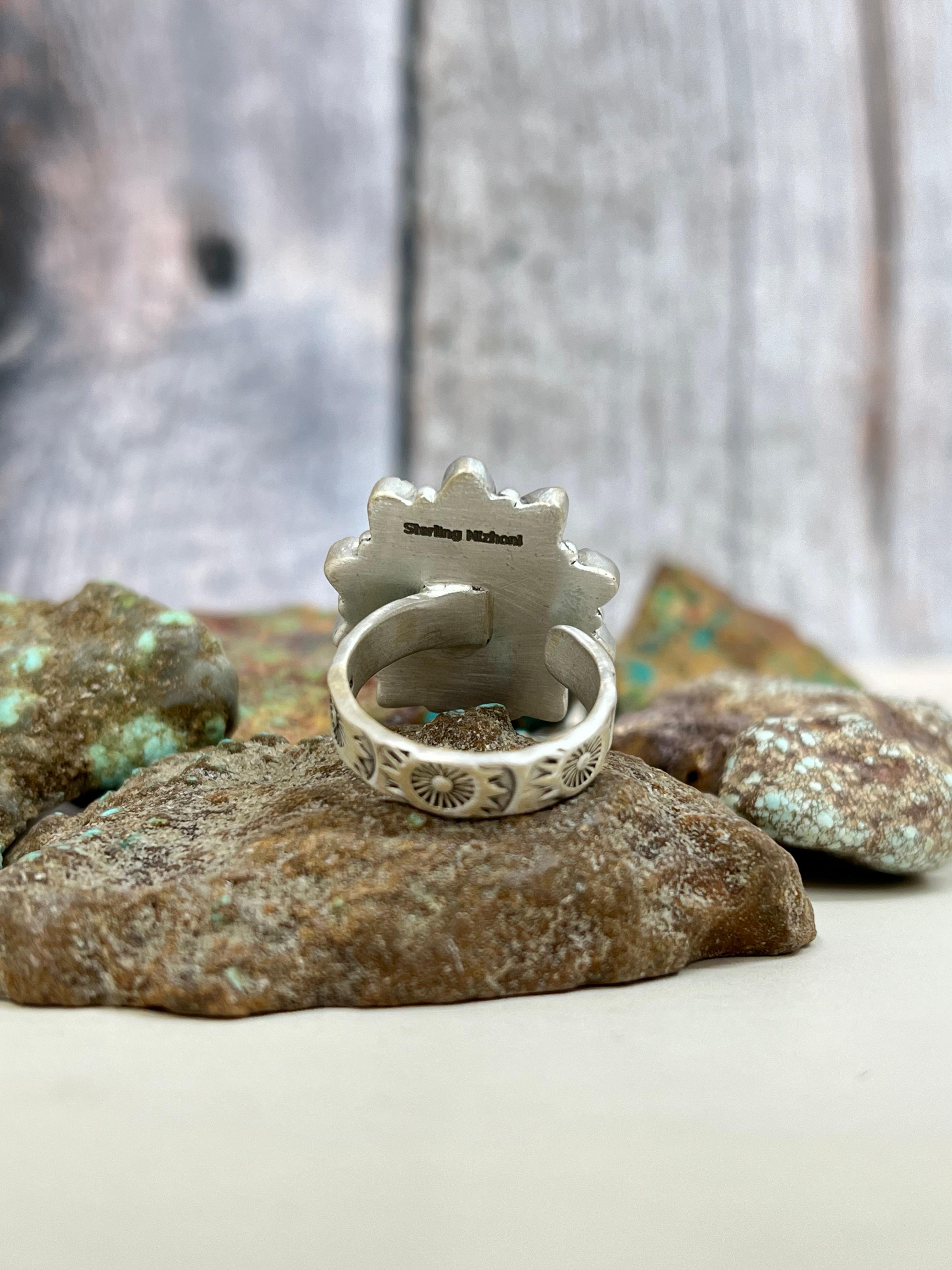 Christmas Collection Handmade Sterling Silver Coral with Peridot Adjustable Ring with Signed Nizhoni