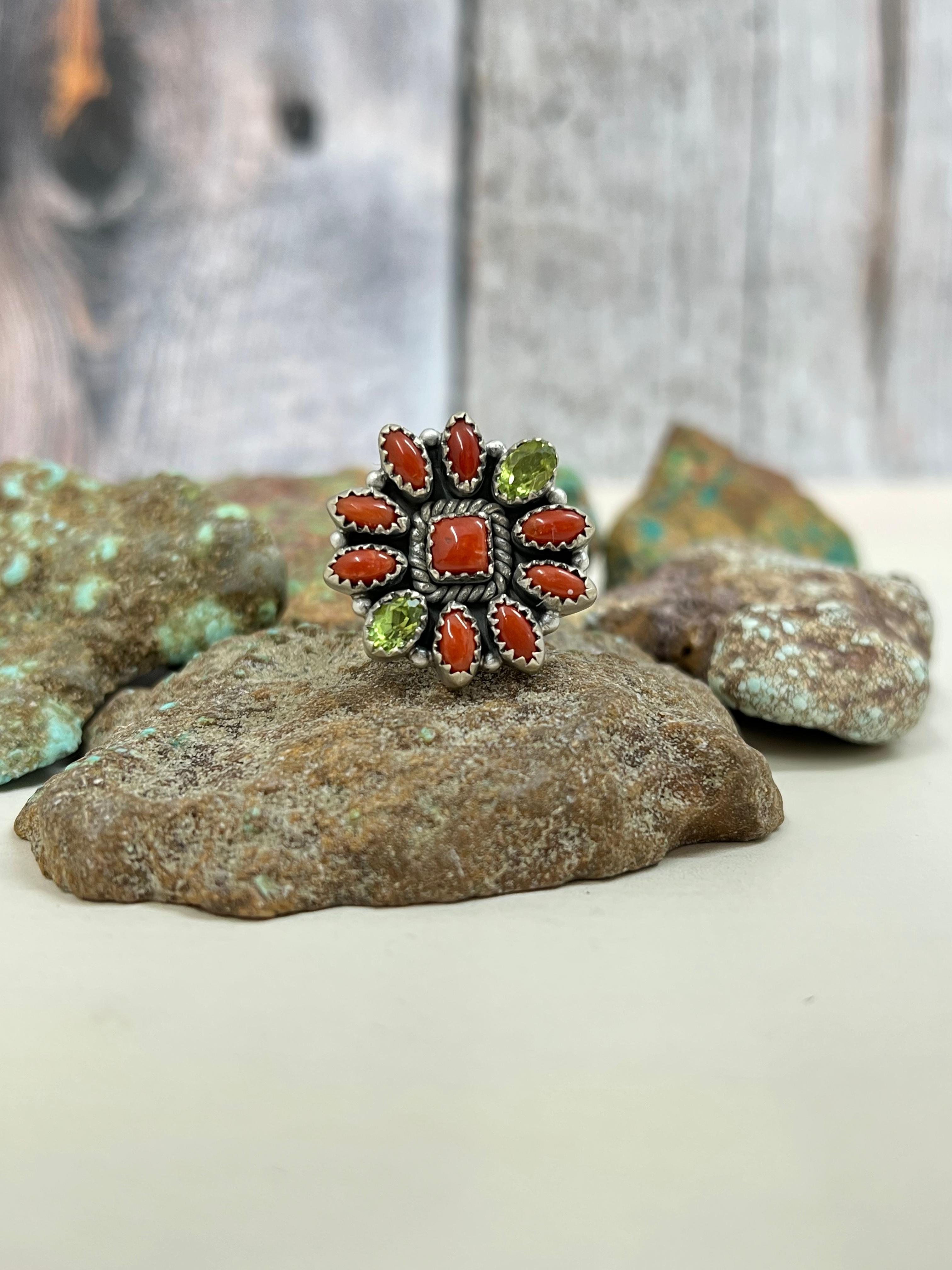 Christmas Collection Handmade Sterling Silver Coral with Peridot Adjustable Ring with Signed Nizhoni
