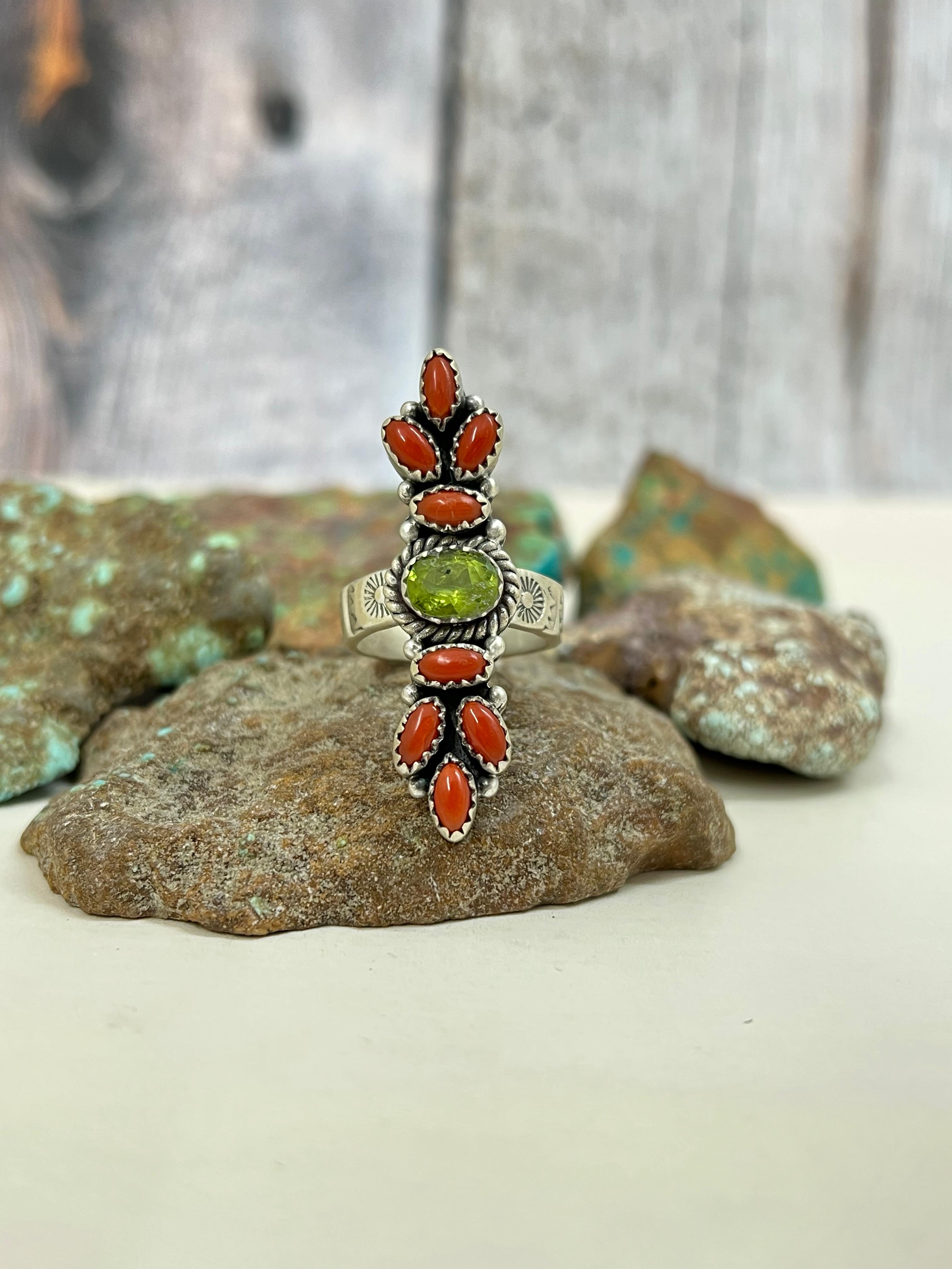 Christmas Collection Handmade Sterling Silver Coral with Peridot Adjustable Ring with Signed Nizhoni